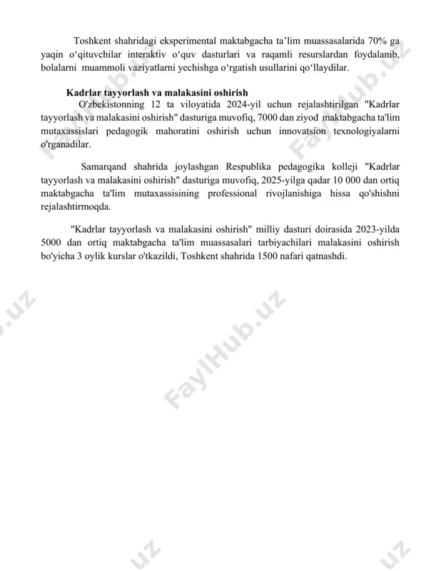 gan yangi oʻquv dasturlarini joriy qildi, bu esa bolalarning mustaqil fikrlash qobiliyatini rivojlantirishga yordam beradi. toshkent shahridagi eksperimental maktabgacha ta’lim muassasalarida 70% ga yaqin oʻqituvchilar interaktiv oʻquv dasturlari va raqamli resurslardan foydalanib, bolalarni muammoli vaziyatlarni yechishga oʻrgatish usullarini qoʻllaydilar. kadrlar tayyorlash va malakasini oshirish o'zbekistonning 12 ta viloyatida 2024-yil uchun rejalashtirilgan "kadrlar tayyorlash va malakasini oshirish" dasturiga muvofiq, 7000 dan ziyod maktabgacha ta'lim mutaxassislari pedagogik mahoratini oshirish uchun innovatsion texnologiyalarni o'rganadilar. samarqand shahrida joylashgan respublika pedagogika kolleji "kadrlar tayyorlash va malakasini oshirish" dasturiga muvofiq, 2025-yilga qadar 10 000 dan ortiq maktabgacha ta'lim mutaxassisining professional rivojlanishiga hissa qo'shishni rejalashtirmoqda. "kadrlar tayyorlash va malakasini oshirish" milliy dasturi doirasida 2023-yilda 5000 dan ortiq maktabgacha ta'lim muassasalari tarbiyachilari malakasini oshirish bo'yicha 3 oylik kurslar o'tkazildi, toshkent shahrida 1500 nafari qatnashdi. 📌xulosa мактабгача таълим ва тарбия давлат стандартларини жорий этиш болаларнинг ривожланиши учун муҳим асос бўлиб, уларнинг келажакдаги муваффақиятларига ижобий таъсир кўрсатади. бу стандартлар сифатли …