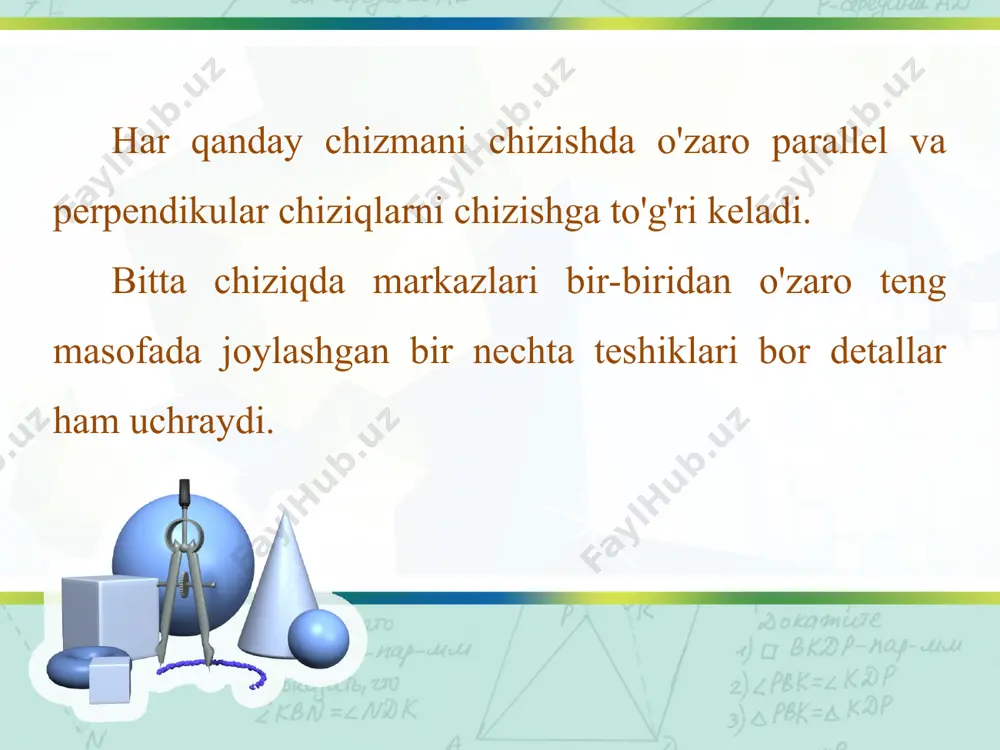 b chiziladi (6.3-chizma). o'zaro parallel chiziqlarni sirkul yor­damida yoki o'lchab qo'yish yo'li bilan ham chizish mumkin. masalan, ab to'g'ri chiziq kesmasiga 30 mm masofada unga parallel to'g'ri chiziq o'tkazish uchun sirkulda 30 mm o'lchab, a va b nuqta-lardan yoylar chiziladi va ularga urinma o'tkaziladi (6.4-chizma, a). yoki a va b nuqtalardan to'g'ri chiziq kesmasiga 90° burchakda ingichka chiziq chiziladi va ularga 30 mm o'lcham qo'yiladi. so'ng-ra hosil bo'lgan 1- va 2-nuqtalar o'zaro tutashtiriladi (6.4-chizma, b). o'zaro perpendikular chiziqlar chizish. ikkita chiziq bir-biriga nisbatan 90° burchak hosil qilib joylashsa, ularni o'zaro perpendikular chiziqlar deyiladi. bunday chiziqlarni aniq chizish uchun oldin gorizontal yoki vertikal, yoki ixtiyoriy vaziyatdagi qiya chiziq chizib olinadi. gorizontal chiziqqa o nuqtasi orqali unga perpendikular chiziq o'tkazish uchun uchburchaklikning 90° li burchagi to'g'ri chiziqqa o nuqtadan 6.5-chizma, a da ko'rsatilgandek chiziladi. chizg'ich yoki uchburchaklik yordamida gorizontal chiziqdan parallel surilib, ikkinchi uchburchaklikning yon qirrasi o nuqtaga 6.5-chizma, b dagidek qo'yib …