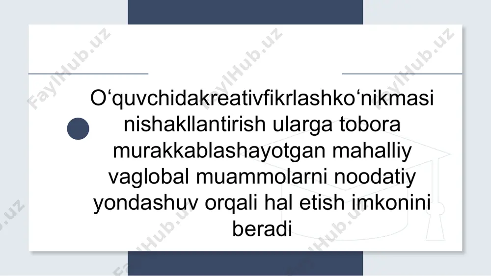 abrdagi 997-son “xalq ta’limi tizimida ta’limsifatini baholash sohasidagi xalqaro tadqiqotlarni tashkil etish chora-tadbirlari to‘g‘risida”gi qarorida mamlakatimizning quyidagi xalqaro baholash dasturlaridaishtirok etishi ilk bor belgilandi. 10 shundan keyino‘zbekiston respublikasi prezidentining2022 yil 11- maydagi pf-134-son “2022-2026 yillarda xalq ta’limini rivojlantirishbo‘yicha milliy dasturni tasdiqlash to‘g‘risida”gi qarori bilan mazkur xalqaro baholashdasturlari tarkibiga steam xalqaro baholash dasturi ham kiritildi. 11 mazkur xalqarobaholash dasturlaridan timss va steam bevosita boshlang‘ich sinfbo‘quvchilariga yo‘naltirilildi 12 etibor uchun raxmat 13