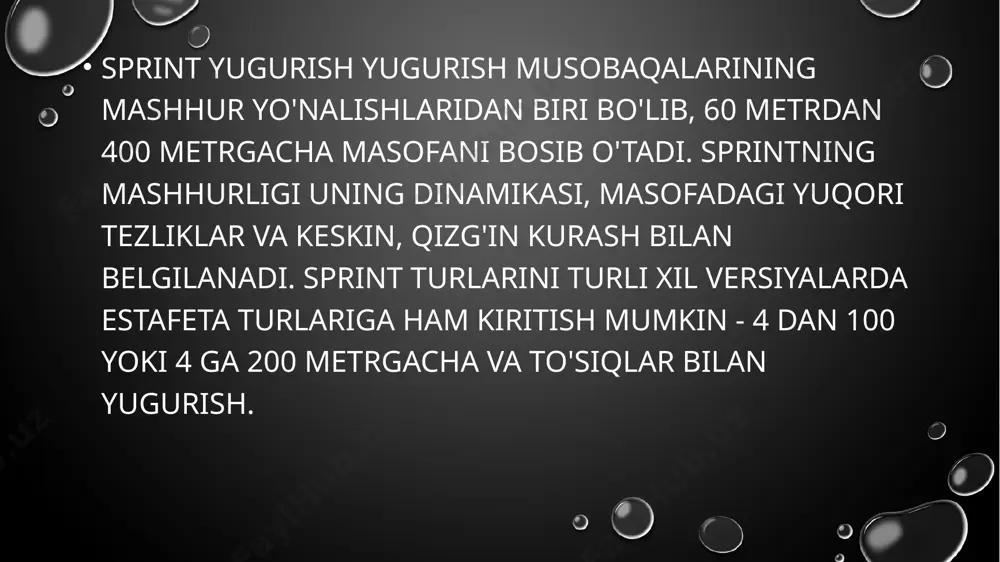 r bo'lgan aerob qobiliyatlarini mukammal darajada o'rgatadi tegishli jismoniy tayyorgarliksiz, sprint qilish maqsadga muvofiq emas. bu yurakka yukni oshiradi, tanangizni qo'shimcha energiya manbalarini izlashga majbur qiladi. qisqa masofani bosib o'tish elementlari vazn yo'qotish bo'yicha mashg'ulotlarga kiritilishi mumkin, ammo faqat shifokor bilan maslahatlashganidan keyin. sprintingning sog'liq uchun foydalari quyidagilardan iborat: chidamlilik, harakatlarni muvofiqlashtirish va tezkorlikni rivojlantirish; yurakdagi yuk butun yurak-qon tomir tizimini samarali ravishda mashq qilishga imkon beradi, ammo mashg'ulotlarni boshlashdan oldin ushbu turdagi yugurish uchun ruxsat olish uchun tibbiy ko'rikdan o'tish tavsiya etiladi. sprint uchun yaxshi jismoniy shakl va yugurish mashqlari kerak. yuqori yuk tufayli o'pkaning samaradorligi tanangizning barcha a'zolari va to'qimalarini kislorod bilan ta'minlash, shuningdek metabolik mahsulotlar va chiqindilarni faol ravishda olib tashlashga imkon beradi. mushaklarning ohangini ko'tarish va ularni eng rivojlangan va rivojlangan holatda ushlab turish ham sprintning natijasidir. sprinting vazn yo'qotish uchun juda foydali, chunki bu darajadagi yuk tanadagi yog'larni tezda yonishiga hissa qo'shadi. image2.png image3.png image1.png …