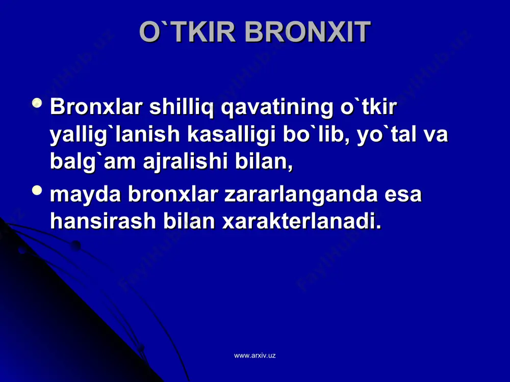 orasida qichishish hissiyoti quruq, keyin balg`am aralash yo`tal auskultasiyada: yirik bronxlar zararlanganda – ¡zgarishsiz dag`allashgan nafas, tarqalgan quruq va nam xirillashlar www.arxiv.uz www.arxiv.uz asoratlari mayda o`choqli pnevmoniya astmatik bronxit bronxiolit www.arxiv.uz www.arxiv.uz diagnostika qon umumiy tahlili - leykositoz, echt oshgan sro + surtmaning sil-nelsen bo`yicha bo`yalishi (balg`amli yo'talda >2 qafta) tashqi nafas olish faoliyatini tekshirish o`pkalar rentgengrafiyasi (skopiyasi) bronxoskopiya (ko`rsatma asosida) www.arxiv.uz www.arxiv.uz дифференциал ташхис bronxopnevmoniya surunkali bronxit bronxial astma tuberkulez o`pka o`smasi www.arxiv.uz www.arxiv.uz davolash virusga qarshi preparatlar antibakterial davo balg`am ko'chiruvchi dorilar yo'talga qarshi dorilar yallig`lanishga qarshi va isitma tushiruvchi bronxlarni kengaytiruvchi dori preparatlari prednizolon desensibilizasiyalovchi www.arxiv.uz www.arxiv.uz prognoz rasional davolash olib borilsa, odatda, xavfsiz. to'liq davolanish 2-4 qaftada amalga oshadi. tashxis kech qo'yilganda va kechikib davolanganda sne rivojlanishi mumkin. www.arxiv.uz www.arxiv.uz surunkali bronxit bronxlarning surunkali diffuz noallergik yallig`lanishi bilan xarakterlanib, balg`amli yo`tal va qansirash bilan namoyon bo'ladigan kasallik bjsst bo'yicha – 2 yil davomida yiliga 3 oydan …
