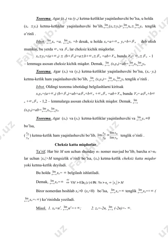 ketma-ketlik chekli limitga ega. uni b desak, tenglikdan b= kelib chiqadi. bundan esa b= kelib chiqadi. shunday qilib, xn = ekan. ichma-ich joylashgan segmentlar printsipi. teorema agar (xn) va (yn) ketma-ketliklar berilgan bo’lib: 1) (xn) o’suvchi, (yn) kamayuvchi, 2) barcha n lar uchun xn <yn , 3) (yn - xn)=0 bo’lsa, u holda (xn) va (yn) ketma-ketliklar yaqinlashuvchi bo’lib, xn = yn bo’ladi. isbot. barcha n lar uchun xn <yn y1 bo’ladi. demak, (xn) o’suvchi va yuqoridan chegaralangan bo’lgani uchun u chekli limitga ega, ya’ni, xn =c chekli. xuddi shu kabi (yn) kamayuvchi va quyidan chegaralanganligi uchun chekli xn =c’ limit mavjud. c’-c= (yn - xn)=0, bundan c=c’ ekanligi kelib chiqadi. agar [a1;b1], [a2;b2], ..., [an;bn], ... segmentlarning har biri o’zidan keyingisini saqlasa (ya’ni [a1;b1] [a2;b2] … [an;bn]… bo’lsa), u ichma-ich joylashgan segmentlar ketma-ketligi deyiladi. natija. agar ichma-ich joylashgan [a1;b1], [a2;b2], ..., [an;bn], ... segmentlar ketma-ketligi uchun (bn-an)=0bo’lsa, u holda …