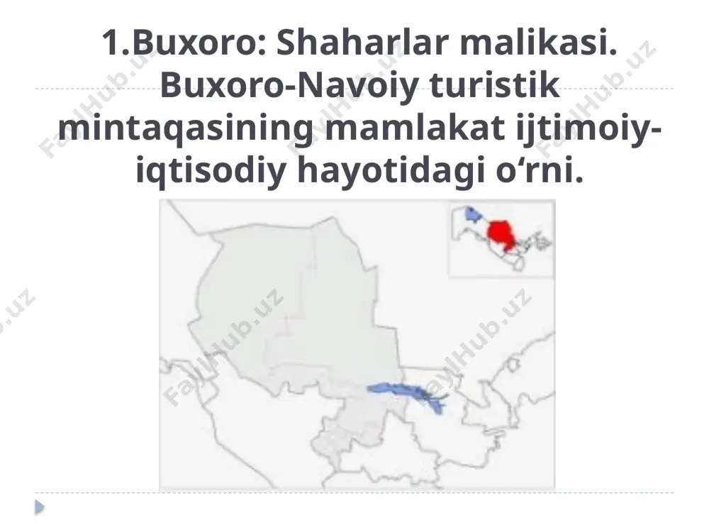 b qolgan. buxoro shahri haqiqatda “muzey shahar” maqomiga ega bo’lib, u diqqatga sazovar tarixiy yodgorliklar va obidalarga juda boy hisoblanadi. buxoroi sharifga tashrif buyuruvchi har bir xorijiy sayyoh o’zini sayyohatini birinchi bo’lib, shaharning eng muhim tarixiy yodgorliklaridan biri ark-qa’lasidan boshlaydi. ark-qa’la 2000 yillik tarixga ega. u sayyohlar qadami o’zilmaydigan turistik obyekt bo’lib hisoblanadi. hozirgi kunda mavjud bo’lgan qurilish obyektlari xvii asr oxiri va xx asr boshlarida qurilgan. ark-qa’la shaharning g’arbiy qismida qad ko’targan. uning umumiy maydoni 3,16 gektar bo’lib, devorlarning uzunligi 790 metrdan ortadi. ark-qa’la hududida juda katta binolar majmuasi joylashgan bo’lib, ulardan biri childuxtaron masjidi hanuzgacha saqlanib qolgan. qa’lada sayyohlarning e’tiborini jalb qiladigan yana bir narsa-bu qadimgi zindondir. hozirgi ark-qa’la hududida buxoro viloyati tarixiy o’lkashunoslik muzeyi joylashgan. qa’laning sharqiy qismi esa arxeologik yodgorlik sifatida saqlanib kelinmoqda. turistik rayondagi muhim xorijiy turistik obyektlar qatoriga qizilqum cho’lini kiritish mumkin. u eng katta hududni egallab, viloyat turistik yo’nalishidagi eng uzoq masofali (450 …