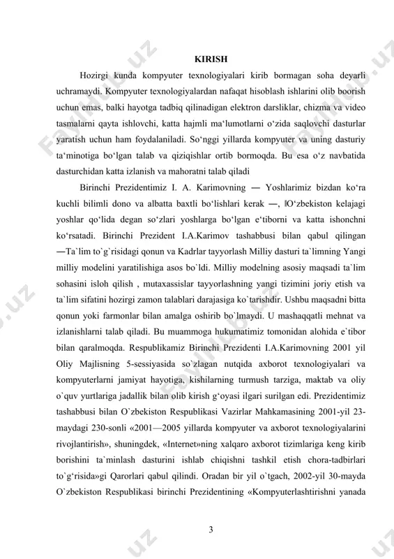 tsion texnologiyalardan foydalanish maqsadga muvoffiqdir. hozirgi zamon mutaxasislari, faoliyat doiralari qanday bo‘lishidan qat‘iy nazar informatika bo‘yicha keng ko‘lamdagi bilimlarga, zamonaviy hisoblash texnikasi, informatsion aloqa va kommunikatsiya tizimlari, orgtexnika vositalari va ulardan foydalanish borasida yetarli malakalarga ega bo‘lishi, hamda yangiinformation texnika va texnologiya asoslarini uning ertangi kuni, rivoji to‘g‘risidagi bilimlarni o‘zida mujassamlashtirgan bo‘lishi kerak. zamonviy hisoblash texnikasi va informatsion texnologiyalarning kun sayin rivojlanib, jamiyatning esa tobora informatsiyalashib borishi sababli, uzluksiz ta‘lim tizimining o‘rta va yuqori bosqichlariga informatika, ishlab chiqarish va boshqarish jarayonlarini kompyuterlashtirish bo‘yicha bir qator o‘quv fanlarikiritilgan. yigirmanchi asr o‘rtalariga kelib tezkor mashina mexanizmlaridan foydalana boshlandi. murakkab texnika va texnologiyalar o‘ylab topildi. ko‘pgina masalalarni hal qilish jarayonida axborot hajmi behisob bir majmuaga aylandi, hamda bu axborotlarni yig‘ish va uzatish vositalarini yaratish, ularni vaqtida qayta ishlab, boshqarish uchun zarur bo‘lgan choralarni belgilab chiqish kerak bo‘ladi.ko‘pchilik vazifalarni bajarishda boshqarish jarayonini takomillashtirish, axborot tizimini joriy etish, mutaxassislarni kompyuterda ishlashga o`rgatish muhim ahamiyatga ega. …