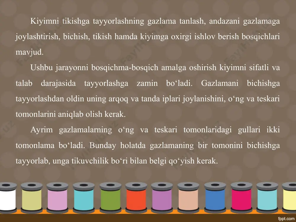 zani joylashtirish. fartuk andazasining bo‘ylama ipi bo‘yicha gazlamani tejagan holda joylashtirib, to‘g‘nag‘ich bilan puxtalang. so‘ngra cho‘ntak qismini bo‘ylama ipi bo‘yicha joylashtirib, to‘g‘nag‘ich bilan qotiring. ro‘mol andazasini ham joylashtiring va to‘g‘nag‘ich bilan puxtalang. tikuvchilik bo‘ri bilan chok haqini qoldirib, kontur chiziqlarini chizib oling. gazlamaga andazani to‘g‘ri joylashtirganingizni tekshiring. 3. fartukni bichish. kontur chiziqlari bo‘ylab bir tekis biching. bichiq bo‘laklarni tekshiring. 4. belbog‘ va bog‘ich qismlari gazlamani 45° qiyalikda buklab, hisoblash formulasidagi o‘lchov bo‘yicha bichiladi. diqqat qiling! gazlamani andazaga joylashtirish jarayonida detallar va chiziqlar nomi qalam bilan yoziladi. andazani gazlamaga joylashtirish jarayoni. asbob va moslamalar: ish qutisi, fartukning bichilgan detallari, tikuv mashinasi, dazmol va dazmol stoli. ishni bajarish tartibi qiziqarli maʼlumot bilasizmi, eng mayda ignalarni dunyo bo‘yicha germaniyada tayyorlashar ekan. bu ignalar po‘latdan lupa orqali tayyorlanar ekan. ignaning uzunligi 9–10 mm, diametri 0,28 mm ni tashkil etar ekan. britaniyalik haykaltarosh uillard uigan ignaning teshigiga sig‘adigan 2 mm li kofe donachasidan foydalanib, yelizaveta …