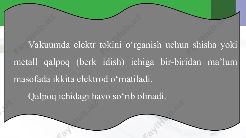 natijada qizdirgich bir xil ozgarmas t1 temperaturada qizib turadi. anod va katod oralig‘idagi kuchlanish nolga teng bo‘lganda qizigan katoddan otilib chiqqan elektronlar katod atrofi da elektron bulutni hosil qiladi. anod kuchlanishi orta borishi bilan elektron bulutdagi elektronlar anodga tomon harakatlana boshlaydi va elektron buluti tarqay boshlaydi. bunda kuchlanish ortishi bilan anod toki ham orta boradi (9.2-rasm). diodning volt-amper xarakteristikasida bu 1 sohaga to‘g‘ri keladi. lekin keyinchalik kuchlanishning ortishi anod tokining ortishiga sezilarli ta’sir ko‘rsatmaydi va xarakteristikada bu 2 sohaga to‘g‘ri keladi. bu paytda katoddan uchib chiqayotgan barcha elektronlar anodga yetib boradi va anod toki o‘zgarmay qoladi. bu paytdagi anod tokiga to‘yinish toki deyiladi. qizdirgich kuchlanishini 6 v qilib tajriba takrorlansa, uning temperaturasi t2 bo‘ladi. bunda to‘yinish tokining qiymati ortadi. xarakteristikadan ko‘rinib turibdiki, tok kuchining kuchlanishga bog‘liqligi chiziqli emas. xarakteristikaning 1 qismida tok kuchining kuchlanishga bog‘liqligi qonuniyatga bo‘ysunishi aniqlangan. bu formulani boguslavskiy-lengmyur formulasi deyiladi. katta quvvatga ega bo‘lgan yarim o‘tkazgichli diodlar …