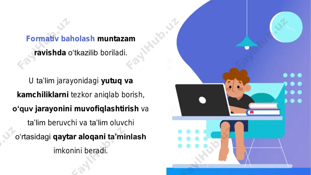 lardan juda yaxshi foydalangansiz, keyingi safar sayyoralarning o‘lchamlariga ham e’tiborli bo‘ling. o‘quvchining rivojlanishiga qaratilgan. samarali fikr-mulohaza nimasi bilan samarali? samarali fikr-mulohaza muhammadamin, amaliy mashg‘ulotni bajarishga yondashuvingiz to‘g‘ri, bu amaliy mashg‘ulotni bajarishda 5 ta qadamdan 3 tasini to‘g‘ri amalga oshirgansiz. nimasi bilan samarali? o‘quvchining xatti-harakatlari kutilgan natija bilan qiyoslab berilgan. formativ baholash vositalari o‘quvchilarning uy vazifalari, bajargan testlaridan ko‘p ma’lumotlarni o‘rganish mumkin. o‘qituvchilar o‘quvchilar ishini tahlil qilishda, ular quyidagilar haqida ma’lumotga ega bo‘ladilar: • o‘quvchining mavzu bo‘yicha hozirgi bilim va ko‘nikmalari; • kuchli va zaif tomonlari, o‘rganish uslublari; • qo‘shimcha yoki maxsus yordam kerak yoki kerakmasligi. o‘quvchilar ishini tahlil qilish strategik savol berish usuli individual, kichik guruhlar yoki butun sinf bilan qo‘llanilishi mumkin. samarali formativ baholash strategiyalari o‘quvchilardan "nima uchun" va "qanday qilib" kabi puxta o‘ylangan, yuqori darajadagi savollarga javob berishni o‘z ichiga oladi. strategik savollar berish usuli natijada . . . o‘qituvchi o‘quvchilarning dars davomida o‘rganganlari aniqlashtirish, o‘z faoliyatini rejalashtirish …