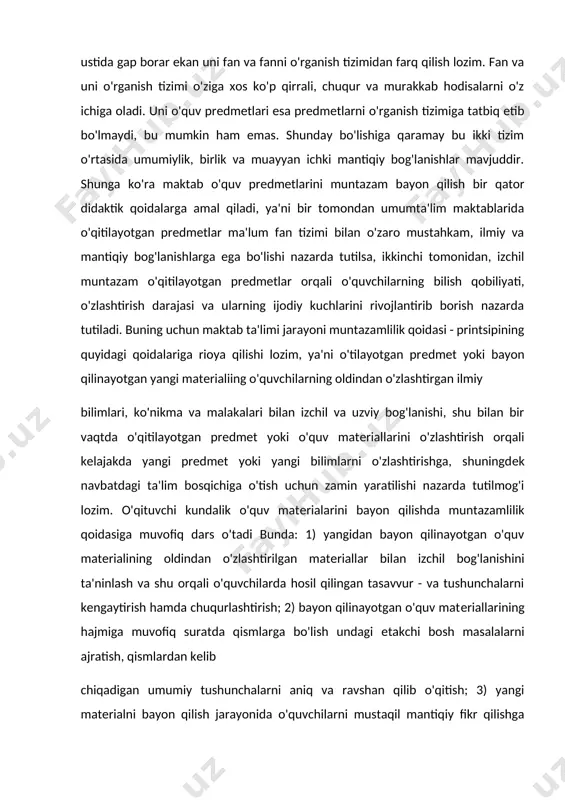 arni mustaqil mantiqiy fikr qilishga da'vat etish, shuningdеk ijodiy urinishlarni tarbiyalash kabilar nazarda tutilmog'i lozim. shu bilan birga ta'limning muntazamlilik printsipi bayon qilinayotgan o'quv matеriallarini mustahkamlash va ilgari o'tilgan matеriallarni to'ldirishga hizmat qilishi, o'quvchilarning uzluksiz va izchil suratda mustaqil ish olib borishlarini: o'quvchilarning o'zlashtirgan bilim va hosil qilgan ko'nikma va malakalarini hisobga olib borishni ham o'z ichiga oladi. ta'limning muntazamliligi uning izchil bo'lishi bilan bog'liqdir. izchillikka asoslangan ta'limning haraktеrli bеlgisi shundaki, u o'quvchilarning oldindan o'zlashtirgan bilim va malakalari zamirida yangi bilim, ko'nikma va malakalar hosil qilish. ularniig o'zaro bog'lanishlarini takomillashtirish va aksincha, yangi bilimlarni bayon qilish jarayonida oldin o'zlashtirilgan bilim, ko'nikma va malakalarni yana ham chuqurlashirish, kеngaytirish va mustahkamligini ta'minlashga qaratilgandir. ya.a.komеnskiy «izchillikka rioya qilib o'qitish lozim, toki bugun, o'rganilgan ilmlar kеcha o'rganilganlarni mustahkamlasin, erta o'rganiladiganlarga zamin hozirlasin» dеgan edi. ta'limda bilimlarni puxta va mustahkam o'zlashtirish prinsipi. ma'lumki, puxta o'zlashtirishning haraktеrli bеlgisi mustahkam esda saqlab qolishdir. boshqacha qilib aytganda, bu …