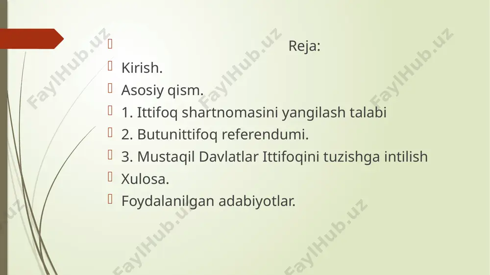 o. d. baklanov — sssr mudofaa kengashi raisining birinchi o‘rinbosari, v. a. kryuchkov — sssr davlat xavfsizligi qo‘mitasi raisi, v. s. pavlov — sssr bosh vaziri, b. k. pugo — sssr ichkiishlar vaziri, d. t. yazov — sssr mudofaa vaziri, v. a. starodubsev — sssr dehqonlar uyushmasi raisi, i. tizya kov — sssr sanoat, qurilish, transport va aloqa davlat korxonalari hamda inshootlari uyushma si ning prezidenti kabi markaziy hokimiyatning rahbarlari edi. foydalanilgan adabiyotlar 1. o 'zbekiston respublikasining konstitutsiyasi. -т.: “ o 'zbekiston” , 1999. 2. k arim ov i.a. o 'zbekiston: milliy istiqlol, iqtisod, siyosat, m afkura. t. 1. -т.: o 'zbekiston, 1996. 3. karim ov i.a bizdan ozod va obod vatan qolsin. t.2. -t: “o 'zbekiston”, 1996. 4. k arim ov i.a. v atan sajdagoh kabi m uqaddasdir. т.3. -т.: “o 'zb ek isto n ” , 5. k aritnov l.a. bunyodkorlik y o lid a n т.4. -т.: …