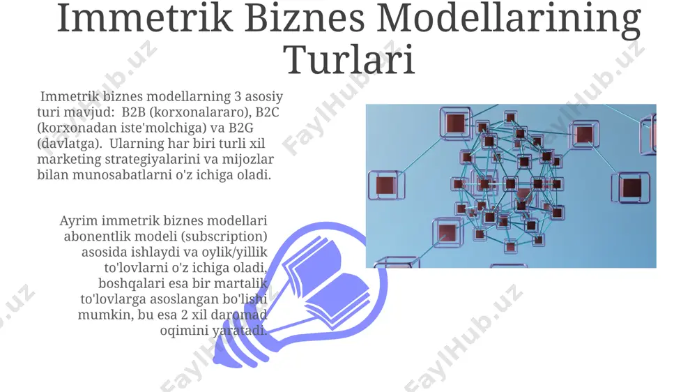 ik modellarni ishlab chiqish jarayoni immetrik modelini ishlab chiqish jarayoni 3 bosqichdan iborat boʻlib, har bir bosqich oʻrtacha 2-3 hafta davom etadi va 5 dan ortiq mutaxassisni jalb qiladi. mijozlar ehtiyojlarini tahlil qilish jarayonida kamida 10 ta turli manbadan maʼlumot toʻplanib, 20 dan ortiq metrik koʻrsatkichlar tahlil qilinadi. immetrik modellarning afzalliklari immetrik yondashuvlar 30% gacha bozor ulushini oshirishga yordam beradi, chunki ma’lumotlarga asoslangan qarorlar samaradorlikni sezilarli darajada yaxshilaydi. immetrik modellar biznes jarayonlarining avtomatlashtirilishi orqali vaqtni 40% gacha tejash imkonini beradi, bu esa yangi imkoniyatlarni rivojlantirishga ko'proq vaqt ajratishga yordam beradi. immetrik biznes modellarining ta'rifi 01 02 immetrik biznes modellarining samaradorligi 80% dan yuqori bo'lib, bu esa yuqori darajadagi foyda va investitsiyalarni tez qaytarilishini ta'minlaydi. kompaniyalar uchun 5 ta asosiy immetrik biznes model varianti mavjud bo'lib, har biri o'ziga xos xususiyatlarga va maqsadli auditoriyaga ega. mijozlarning ehtiyojlari asosida moslashtiriladi. sales 1st qtr 2nd qtr 100 0 sales 1st qtr 2nd qtr …
