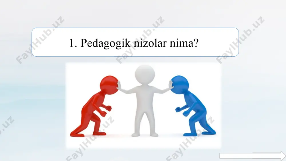 lar: ushbu nizolar ta'lim jarayoniga zarar keltiradi, o‘quvchilarning motivatsiyasi kamayishi yoki o‘qituvchilar faoliyatida stress ortishiga olib kelishi mumkin. pedagogik nizolar va ziddiyatlarning tarkibiy tuzilishi 1 sabablar pedagogik nizolarning asosiy sabablari aniqlanadi. bu sabablar shaxsiy, ijtimoiy yoki pedagogik tabiatga ega bo'lishi mumkin. 2 namoyon bo'lish nizolarning qanday ko'rinishda namoyon bo'lishi, ya'ni ularning xulq-atvor, so'zlar, harakatlar orqali qanday ifodalanganligi aniqlanadi. 3 ta'sir nizolarning o'quvchilar, o'qituvchilar va o'quv muassasasi ustiga qanday ta'sir qilishi tahlil qilinadi. ijobiy va salbiy ta'sirlarni ko'rsatish kerak. 4 hal qilish nizolarni hal qilishning turli usullari va strategiyalari muhokama qilinadi. qanday yo'llar bilan muammo bartaraf etilishi mumkin? 14 o'qituvchi va o'quvchi o'rtasidagi pedagogik nizolar va ziddiyatlar tushunmovchiliklar o'qituvchi va o'quvchi o'rtasidagi pedagogik nizolar ko'pincha o'quv materialini tushunishda yuzaga keladigan tushunmovchiliklar tufayli yuzaga keladi. shaxsiy xususiyatlar o'qituvchi va o'quvchining shaxsiy xususiyatlaridagi farqlar, ularning qarashlari, qiziqishlari va o'zaro munosabatlarida farqlar ham nizolarga sabab bo'lishi mumkin. intizomsizlik o'quvchilarning darsdagi intizomsizliklari, o'qituvchining ko'rsatmalariga rioya …