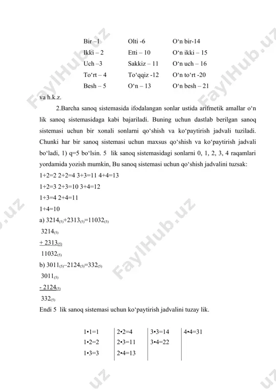 an–1∙qn–2+…+ a1=( an∙qn-2+ an–1∙qn–3+…+ a2)q+a1 hosil bo‘ladi. buni esa, a1<q shart bajarilgani uchun to‘liqsiz bo‘linmani q ga qoldiqli– bo‘lish natijasi deb qarash mumkin. shu taxlit a sonining q lik sanoq sistemasidagi yozuvining oxirgi a0 raqami a ni q ga bo‘lgandagi qoldiqqa, 2 -raqam natijani q ga bo‘lgandagi qoldiqqa va h.k.z teng ekanligini ko‘rish mumkin. qoldiqli bo‘lish to‘liqsiz bo‘linma 0 ga teng bo‘lguncha davom etadi va qoldiqlar oxirgisidan boshlab sonning q lik sanoq snstemasidagi yozuvining raqamlar ketma - ketligini beradi. buni misollar yordamida ko‘rib chiqay lik. masalan, 1) 827(10) ni olti lik sanoq sistemasida yozing. eng avval 872 oddiy bir likdan olti lik sanoq sistemasining nechta 2- xona birligi borligini ayniqlaymiz. buning uchun 872 ni 6 ga bo‘lamiz. 872 6 - 6 145 2-xona birligi 27 - 24 32 - 30 2 1-xona birligi endi 145 ta 2 - xona birligida olti lik sanoq sistemasining nechga 3 -xona birligi borligini aniqlaymiz: …