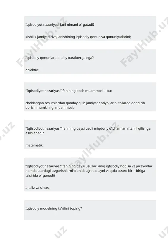 haqiqiy iste’moli darajasi va ehtiyojlari taqqoslanadi; alohida kishilar, korxonalar va davlat ehtiyojlarining umumiy xususiyatlari nimadan iborat? cheksiz va chegarasiz; ehtiyojlarning o‘sib borish qonuni nimani anglatadi? jamiyat ijtimoiy–iqtisodiy ehtiyoji miqdoran ortib va sifat jihatdan takomillashib borishin; ehtiyojlarning o‘sib borishiga qarshi ta’sir qiluvchi quyidagi omillardan qaysi biri iqtisodiy inqirozlarni ham keltirib chiqaradi? iqtisodiy faollikning siklik ro‘y berishi; ehtiyojlarning qondirilish usuliga asoslangan turini aniqlang: bilvosita qondiriladigan ehtiyoj; kishilar hayot kechirishining birlamchi sharti – hayotiy zarur vositalar (oziq–ovqat, kiyim–kechak, turar–joy) va zebu–ziynat buyumlariga (mebel, avtomobil, xolodilnik, televizor, dala hovli) bo‘lgan ehtiyoj qanday nomlanadi: moddiy ehtiyoj; haqiqiy iste’mol (ih)ning, umumiy ehtiyoj (eu)ga bo‘lgan nisbati qanday ko‘rsatkichni ifodalaydi? ehtiyojning qondirilish darajasi; ishlab chiqarish omillari egasi: er, kapital, mehnat, tadbirkorlik hisobiga mos ravishda yaratilgan mahsulotdagi ulushini qaysi ketma-ketlik shaklida oladi? er rentasi, foiz-dividend, ish haqi, foyda; ishlab chiqarishning iqtisodiy samaradorligi bu... ishlab chiqarish natijasi (mahsulot)ning sarflangan xarajatlarga nisbati; iqtisodiy faoliyat turlaridan qaysi birining natijasi bo‘lib moddiy-ashyoviy ko‘rinishdagi …