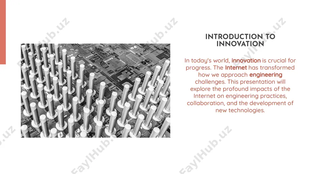 logies evolve, engineers must adapt to new tools and methodologies, fostering a culture of innovation and sustainability. future of engineering conclusion in conclusion, the internet has profoundly impacted the field of engineering, fostering collaboration, enhancing education, and driving technological advancements. embracing this digital transformation is essential for future innovation and success in engineering. thanks! do you have any questions? youremail@email.com +91 620 421 838 www.yourwebsite.com @yourusername