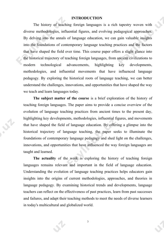 the way foreign languages are taught and learned. the actuality of the work is exploring the history of teaching foreign languages remains relevant and important in the field of language education. understanding the evolution of language teaching practices helps educators gain insights into the origins of current methodologies, approaches, and theories in language pedagogy. by examining historical trends and developments, language teachers can reflect on the effectiveness of past practices, learn from past successes and failures, and adapt their teaching methods to meet the needs of diverse learners in today's multicultural and globalized world. the aim of the work exploring a slight glance at the history of teaching foreign languages is to provide language educators with a concise overview of key historical developments, trends, and influential figures in language teaching. this type of work aims to offer a broad perspective on how language instruction has evolved over time, highlighting important …