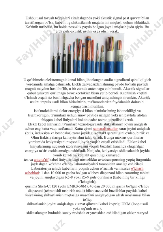 aga ega generator yordamida amalga oshiriladi. ko'proq kuchli generatorlar tekshirilayotgan o'tkazgich uchun xavfli bo'lishi mumkin. klassik bo'lmagan akustik usuldan ham foydalanish mumkin. agar buzilish joyida qisqa tutashuv mavjud bo'lsa, u qarshilik yo'qligini ko'rsatadi (uning ko'rsatkichi nolga teng) va indüksiyon texnikasidan foydalanish mumkin emas. katta elektr tokining kabel orqali o'tishi paytida yaqin atrofdagi simlarda ularni o'ziga tortadigan yoki qaytara oladigan kuchli kuchlar hosil bo'ladi. bunday holda, izolyatsion qatlam ma'lum bir elastiklik indeksiga ega. natijada, u qisqaradi yoki cho'ziladi. impulsli oqim mavjud bo'lganda, o'tkazgichlar xuddi shunday yo'l tutadi - yadrolar bir-biriga yoki izolyatsiyaga qarshi urishadi. bu muammoning qayerdaligini ochib beradigan juda sezgir mikrofon tomonidan qabul qilinadigan tovush to'lqinlariga olib keladi. puls-akustik ushbu usul tovush to'lqinlari xiralashganda yoki akustik signal past quvvat bilan tavsiflangan bo'lsa, kabelning shikastlanish nuqtalarini aniqlash uchun ishlatiladi. ko'rinib turibdiki, bu holda nosozlik paydo bo'lgan joyni aniqlash juda qiyin. bu erda puls-akustik usulni esga olish kerak. u qo'shimcha elektromagnit kanal …