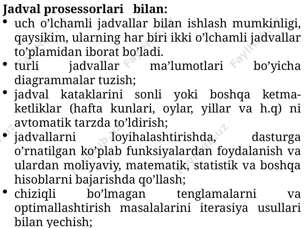 i bajaruvchi vosita. ячейка (katak) – axborotlarni kiritish va saqlash uchun mo’ljallangan, elektron jadvalning eng kichik qismi. har bir yacheyka matn, son yoki formulani o’zida saqlashi mumkin. microsoft office excel 2003 oynasi. jadval protsessorlari va ularning vazifalari. ms excel dasturida sohaga oid xisob ishlarini bajarish. microsoft excel 2007 dan boshlab, dastur oynasida elektron jadvalning elementlari bilan ishlashda buyruqlar berishni lentali usuli joriy qilindi. oldingi versiyalarda dastur oynasida buyruqlar bilan ishlash satrli menyular va uskunaviy panellar orqali amalga oshirilar edi. yangi versiyalarda oldin qo’llanilgan menyu satri va uskunaviy panellar buyruqlari birlashtirilib, yagona ko’rinishga keltirildi va uni lenta atash qabul qilindi. microsoft excel 2010 ni interfeysi. image2.jpeg image3.gif image4.png image5.gif image6.gif image7.gif image8.png image9.png image10.png image11.png image12.png image13.png image14.png image15.png image16.png image17.png image1.jpeg /docprops/thumbnail.jpeg