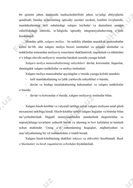 ovar almashuvi va h.k.) olib borish maqsadida tuzilgan tashkilotdir. xit – tuzilishining asosiy maqsadi jahon hamjamiyatida yoki ma’lum mintaqada iqtisodiy hamkorlikni kengaytirishdir. xitlar faoliyat ko‘lami nuqtai nazaridan jahon miqyosidagi yoki mintaqaviy tashkilot bo‘lishi mumkin. jahon miqyosidagi (umumjahon) xitlar: xalqaro valyuta jamg‘armasi, jahon banki, umumjahon savdo tashkiloti, xalqaro mehnat tashkiloti, bmt ning iqtisodiy-ijtimoiy kengashi, unga tegishli maxsus muassasalar, jahon islom konferensiyasi tashkiloti va h.k. mintaqaviy xitlar: iqtisodiy hamkorlik tashkiloti (eko), bmt ning mintaqaviy tashkilotlari – eskato, yeek va h.k. xit shu tashkilotning umumiy tamoyillari va yo‘nalishini belgilovchi yuridik hujjat asosida o‘z faoliyatini olib boradi. bu hujjat har bir a’zo tomonidan imzolanib, nizom (ustav), deklaratsiya yoki bitim tarzida bo‘ladi. nima uchun bu tashkilotlar xaqida chuqurrok bilishimiz kerak? chunki, dunyo hamjihatligiga, iqtisodiy hamkorlik rivojini ta’minlashga, integratsion jarayonlarga bir tomondan davlatlararo munosabatlar bilan chiqilsa, ikkinchi tomondan, aynan shu tashkilotlar faoliyatida qatnashish orqali erishiladi. jahon hamjihatligida bo‘lish, unda muhim o‘rin egallash davlat mavqeini mustahkamlab, halk …