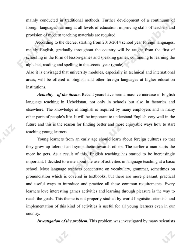 per-primary school grades usually marks a breaking point when the adolescence begins and the learners’ attitudes change. therefore, the thesis focuses on the target group of teenagers and investigates how their attitudes and interest in learning english change. this final qualification work focuses teenagers from 15 to 16 years old learners and their attitudes to learning english through the activities. in particular, it aims to investigate the changes in the interest in learning english, when young learners enter upper-primary grades. teachers can start with controlled activities and make them freer when children develop the ability to take responsibility and work without constant supervision. scientific novelty and practical value. generally, there has been a growing interest in the teaching of young learners. however, teenagers make a large proportion of all learners of english as well. it is the age of students that represents a major factor in teachers’ decisions about what …
