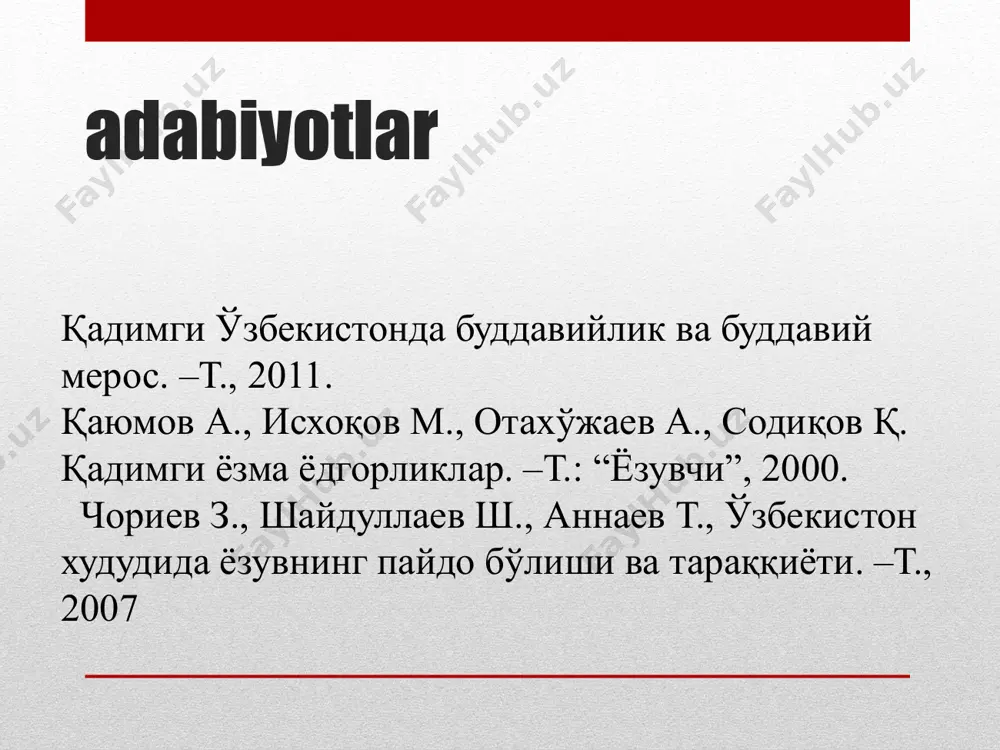 am kanishka milodiy 2 asrning birinchi yarmida grek yozuvini baqtriya yozuvi bilan almashtiradi. qadimgi xorazmning ijtimoiy –iqtisodiy hayoti hozirgacha kam o‘rganilgan. u davrga oid ba’zi ma’lumotlarni tangalar va tuproqqa’adan topilgan arxiv ma’lumot beradi. u b.a.livsich tomonidan o‘qilgan. 1948-1949- yillarda teri va yog‘ochga yozilgan 140 ta hujjat chiqib, ulardan 26 tasi saqlanib qolgan tuproqqal’a yodgorligi qadimgi xorazm davlatining oromiy yozuvi asosida shakllangan o‘z yozuvi bo‘lgan. bu yozuv o‘rta osiyo xududida shakllangan eng qadimiy yozuv turiga kirib u dastlab mil. avv. vi asrga oid oyburqal’a yodgorligidan topilgan. xorazm alifbosi 20 undosh harfdan iborat bo‘lgan. qisqa unlilar ifodalanmagan xorazm tarxiga oid yozuvlar tuproqqal’a , qo’yqirilganqal’a , qal’aliqir 2 , to’qqal’a dan topilgan . qadimgi xorazm davlatining poytaxti masalasi ham bugungi kunga kelib yanada oydinlashtirildi. xx asrning 80-yil oxirlarigacha poytaxt shaxar tuproqqal’a shaxri deb kelingan edi. lekin 2000- yillarda oqchaxonqal’ada olib borilgan arxeologik tadqiqotlar qadimgi xorazmning poytaxti oqchaxonqal’a yodgorligi ekanligi isbotlandi. aqchaxonqal’a yodgorligi aqchaxonqal’a …
