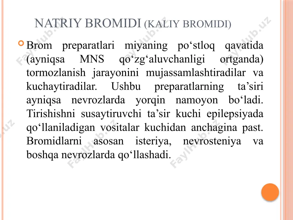 vchi ta’sir ko‘rsatadi, mushaklarni bo‘shashtiradi, tirishishni daf etadi. uxlatuvchi, analgetiklarning ta’sirini kuchaytiradi. mo‘tadil uyqu chaqiradi. nevrotik holatlarda qo‘rquv, hayajon, betoqatlik, taranglikni susaytiradi. antipsixotik ta’sirga ega emas. katta dozalardagi psixomotor qo‘zg‘alishni kamaytiradi. mitdan tez so‘riladi. t½=8- 10 soat. platsentar baryerdan o‘tadi, buyrak orqali ajraladi qo‘llanilishi: nevrotik holatlar, uyqusizlik, migren, klimakterik o‘zgarishlarda, bemorlarni operatsiyaga tayyorlashda, harakatni buzilishlarida, miozitlarda, artrit, bursitlar va shu kabi mushaklarning taranglanishi bilan kechadigan xastaliklarda, ekzema va qichishish bilan kechadigan dermatitlarda, tutqanoq xastaligida, abstenensiya sindromini daf etishda (narkomaniya, alkogolizm). nitrazepam, sibazon va fenozepam qo‘llash mumkin bo‘lmagan hollarda ishlatilmaydi. nozepam nozepam - kimiyoviy tuzilishi va farmakologik hossalari bo‘yicha xlozepid va sibazonga o‘xshash lekin yumshoqroq ta’sir etadi, zaharliligi pastroq, miorelaksantlik va tirishishga qarshi ta’siri sust. xlozepid va sibazonga nisbatan, bemorlar yaxshi qabul qiladilar. boshqa benzodiazepin hosilalari kabi qo‘llaniladi, ehtiyot shartlari ham ularnikiday. mezapam bu preparatning tinchlantiruvchi ta’siri ba’zi faollashtiruvchi xossasi bilan mujassamlashgan. mezapam ”kunduzgi” anksiolitik hisoblanadi, chunki mehnat qobiliyatini kamroq buzadi. …