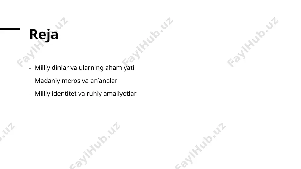 y merosimizdagi o'rni va ahamiyati. milliy dinlar tarixi milliy dinlar, o'zbekistonning tarixiy rivojlanishida muhim o'rin tutadi. ular xalqimizning madaniyatini va urf-odatlarini shakllantirishda asosiy rol o'ynagan. madaniy meros aloqasi milliy dinlar, xalqning madaniy merosi bilan chuqur bog'liqdir. ular an'anaviy qadriyatlarni saqlab qolish va kelajak avlodlarga yetkazishda yordam beradi. hozirgi ahamiyati zamonaviy hayotda milliy dinlarning ahamiyati ortib bormoqda. ular milliy identitetni mustahkamlash va ruhiy barqarorlikni ta'minlashda muhimdir. anʼanalar va ularning xalqimiz ruhiyati bilan bog'liqligi. 1 anʼanalar va tarix anʼanalar xalqimiz tarixida muhim o‘rin tutadi, ularning o‘ziga xosligi va madaniyati kelajak avlodlarga yetkaziladi. 2 ruhiyati va anʼanalar xalqimizning ruhiyati anʼanalar bilan bog‘liq bo‘lib, ular odamlarning hayotiy qadriyatlari va xulq-atvoriga ta’sir ko‘rsatadi. 3 madaniy meros anʼanalar milliy madaniyatimizning ajralmas qismi bo‘lib, ularning saqlanishi va rivojlanishi jamiyatimizni mustahkamlaydi. 4 zamonaviylik va anʼanalar zamonaviy hayotda anʼanalar va zamonaviylik o‘rtasida muvozanatni saqlash xalqimiz ruhiyati uchun muhimdir, bu kelajak uchun barqarorlikni ta’minlaydi. madaniy merosni saqlash: milliy dinlar va …