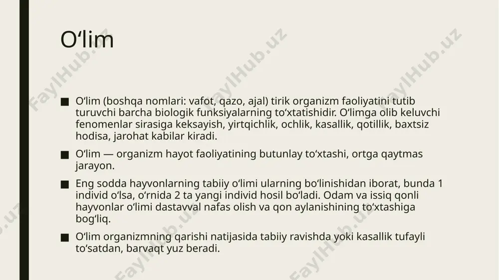 murdani chirishi - bunga mikroorganizmlarning proteolitik fermentlari ta’siri sabab buladi. irishda vodorod sulfid xosil buladi, chirishda esa kislotali birikmalar, gazlar xosil bulib, to’qimalar yumshaydi. благодаря развитию медицины и технологий за последние 60 лет уровень смертности в мире упал в два раза и в 2021 году составлял около 8 смертей на 1 тыс. населения 10 главных причин смерти o’sha gap …. bir kun o’lib ketamiz ! e’tibotingiz uchun tashakkur image1.jpeg image2.png image3.png image4.png image5.png image6.png /docprops/thumbnail.jpeg