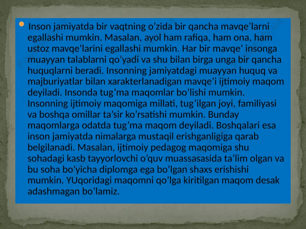 ri tashqi tarbiyaviy omillarning ta’siri kamayadi. biroq boshqa bir jarayon-o’z-o’zini tarbiyalash jarayoni rivojlana boshlaydi. bolaning o’z shaxsini mukammallashtirish, o’z-o’zini rivojlantirish bo’yicha mustaqil faoliyatini anglashi ortadi. ma’lumki, o’z-o’zini tarbiyalashga ehtiyoj shaxs rivojining eng yuksak shakli hisoblanadi. bizning modelga binoan insonning o’z-o’zini tarbiyalashi ehrom bunyod etish bilan barobardir.. shuning uchun o’z-o’zini tarbiyalash jarayoni bir umrga cho’ziladi. tarbiya o’z-o’zini tarbiyalash va boshqa ijtimoiy omillarning (madaniy, diniy, tarixiy an’analar, oav, maktab jamoasi, do’stlar, bolalar bog’chasi va boshqalar) ijobiy ta’siri natijasida bolaning jamiyatga integratsiyalashuvining tabiiy jarayonini sodir etadi. ijtimoiy muhitning ta’siri qanchalik turli bo’lsa, bola undan shuncha erkin va mustaqil bo’ladi. demak, bolaning rivojlanishi ikki yo`nalish asosida amalga oshiriladi: ijtimoiylashuv va indivilualizatsiyalanish. agar sotsium tomonidan qabul qilingan xulq-atvor me'yorlarini qabul qilishi bilan bir qatorda o`z navbatida bola o`zining ham individual xususiyatlarini sotsiumga qo`shib borishi mumkin va bu jarayon bolaning jamiyatga integratsiyalanishi deb ataladi. bu jarayonlar spontan, stixiyali va tartibsiz holda amalga oshirilishi va aksincha boshqarilib, …