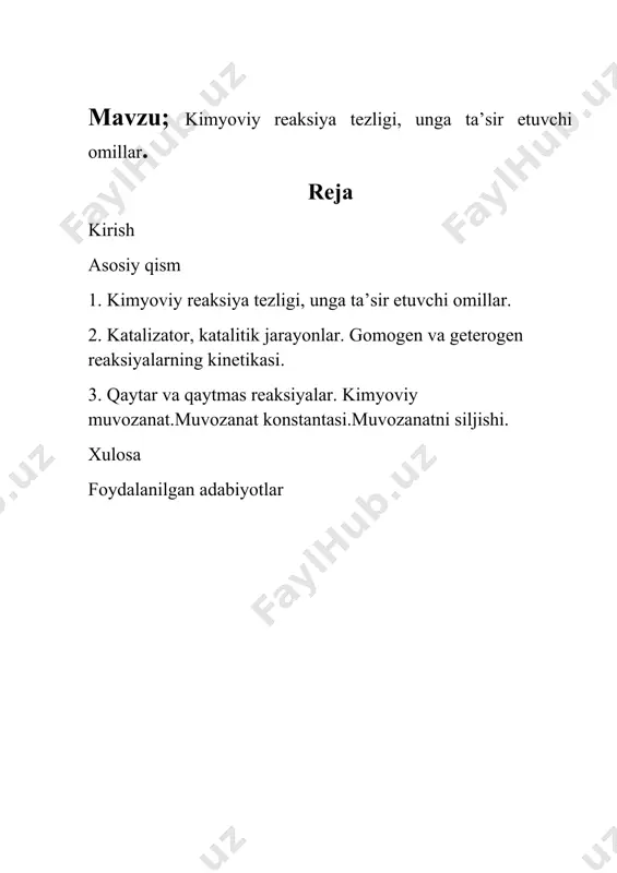 kalanishi kuzatiladi: h2so4 q na2s2o3 q na2so4 q h2o q so2 q s geterogen sistemalarda esa, sistemani tashkil etuvchi fazalar sirtidagina reaksiya amalga oshadi. masalan, metallning kislotada erishi: fe q h2so4 q feso4 q h2 bu reaksiya fakat metall sirtida sodir bo’ladi, chunki reaksiyaga kirishuvchi ikkala modda shu sirtda bir biri bilan tuknashadi. gomogen reaksiya tezligi geterogen reaksiya tezligidan fark kiladi va ular xar xil aniklanadi. gomogen reaksiyaning tezligi reaksiyaga kirishayetgan yoki xosil bulayetgan moddalardan birortasining konsentratsiyasini vakt birligi ichida uzgarishi bilan aniklanadi. geterogen reaksiyaning tezligi esa vakt birligi ichida faza sirtining yuza birligida reaksiyaga kirishgan yoki xosil bo’lgan moddalarning mikdori bilan aniklanadi. gomogen reaksiya tezligini matematik usulda kuyidagicha ifodalanadi. vgomogen = c/ t geterogen reaksiya tezligi: vgeterogen = n/s* t har qanday reaksiyaning tezligi reaksiyaga kirishuvchi moddalarning tabiatiga, konsentrasiyasiga, haroratga, qattiq moddalarning sirt yuzasiga va maydalanish darajasiga, bosimga, katalizatorning ishtirok etish-etmasligiga bog'liq bo'ladi. reaksiyaga kirishuvchi moddalar tabiatining reaksiya tezligiga …