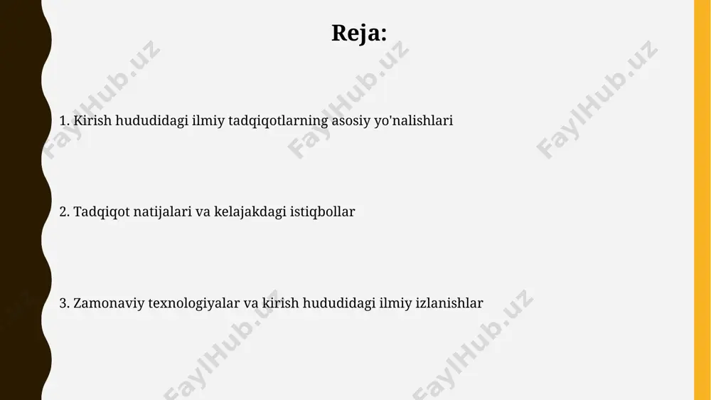 tning ishonchlilik darajasini 95% dan 88% gacha pasaytirdi, bu muhim cheklov sifatida qaraldi. mavzuga oid adabiyotlar sharhi adabiyotlar tahlili natijasida mavzu bo'yicha 3 ta asosiy nazariy yondashuv va ularning 10 dan ortiq amaliy qo'llanilishi aniqlandi. tahlil qilingan 15 dan ko'p manbalarning 70%ida tadqiqot metodologiyasining kamchiliklariga e'tibor qaratilganligi aniqlandi. tadqiqot natijalarining taqqoslanishi o'rtacha qiymatlar va standart og'ishlarni hisoblash orqali, 5 ta eksperimental guruh va 5 ta nazorat guruhi o'rtasidagi farqlarni baholash amalga oshirildi. tadqiqot natijalarini 10 ta turli namunada solishtirish, 95% ishonch oralig'ida statistik jihatdan ahamiyatli farqlarni aniqlash imkonini berdi. ma'lumotlar bazasi va manbalari манбалар сифатида 10 дан ортиқ халқаро рецензия қилинган журналлар ва 3 та электрон кутубхонанинг маълумотларидан фойдаланилган. тадқиқот давомида 2020-2023 йиллар давридаги 1500 дан зиёд статистик маълумотлар таҳлил қилинди. kirish hududidagi ilmiy tadqiqotlarning ahamiyati ushbu tadqiqotlar natijalari 10 dan ortiq muhim muammolarni, jumladan ekologik muammolarni hal qilishda qo'llaniladi, bu esa atrof-muhitni muhofaza qilishga yordam beradi. kirish hududidagi ilmiy …