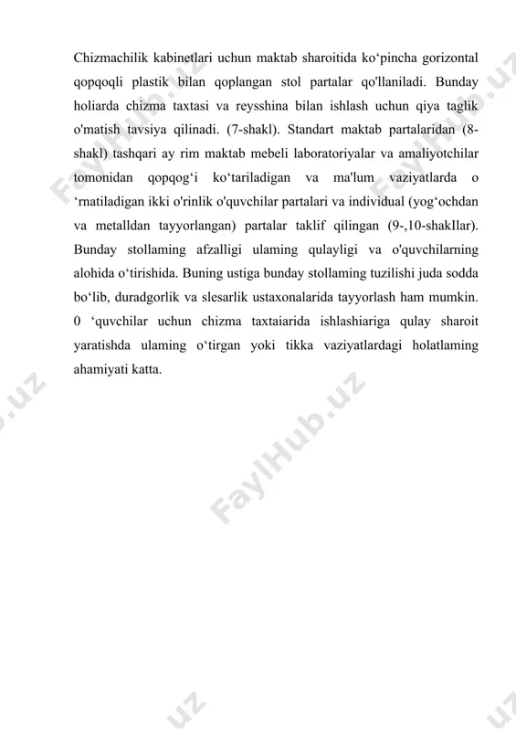 malar — model va detal namunalari)dan har birining o‘z afzallik tomonlari bor. o'qituvchi butun dars davomida vaziyatni qo‘lda saqlashi va o'quvchilar diqqatini jalb qilib turishi kerak. busiz ta’limning pedagogik maqsadlariga erishish mumkin emas. shuning uchun yuqorida aytilganidek, sinf doskasida doimiy mashq qilib borish o'qituvchining og‘ir faoliyatidagi muvaffaqiyati garovidir. ish muvafîaqiyatini faqatgina yaxshi grafika va sinf doskasida tez chizma bajarishgina hal qilmaydi. o‘qituvchi darsga tayyorlanish jarayonida chizmaning sinf doskasida joylashish, ko‘rinishi komponovkasini ham puxta o’ylab olishi kerak. o‘quvchilaming murakkab detallar bo'yicha grafik materiallarini yuzaki, rasman o'zlashtirishlaridan saqlanish uchun sinf doskasida bajariladigan chizmalarini metodik jihatdan to’g‘ri ketma-ketlikda, bosqichlar bo’yicha bajarib borish kerak. doskada ishlash metodikasini o'quvchiiarga ko‘rsatib borishning ahamiyati juda katta. agar o‘qituvchi doskada chizma bajarish jarayonida gavdasi bilan doskani to‘sib, butun diqqatini chizma bajarishga qaratsa, sinf bilan aloqa uziladi, uni qayta tiklash uchun qo‘shimcha vaqt va o'qituvchi mahorati talab qilinadi. buning bilan o‘quvchilarda mavzudan chalg‘ib, dars jarayoniga nisbatan salbiy reaksiya yuzaga …