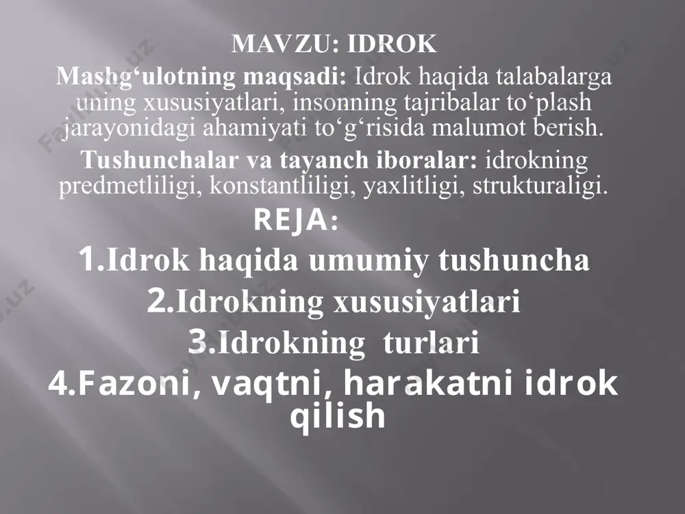 z korni ok, kumirni kora narsa sifatida idrok kilaveramiz. kizil chirok ostida kitob saxifasi kizil bulib kurinsa xam uni ok deb, samolyotdan karaganda yerdagi odamlar va narsalar kichkina bulib kurinsa xam ularni odatdagiday kattalikda deb idrok kilaveramiz. kitob kanday kurinsa xam uni turtburchak deb, stakandagi koshik sinik kurinsa xam uni butun deb idrok kilamiz demak, idrok fakat narsa emas, idrok etayotgan subyektning uziga xam boglikdir. idrokda xamisha idrok etuvchi kishi shaxsining xislatlari, uning idrok etilayotgan narsalarga munosabati, kishining extiyojlari, kizikishlari, intilishlari, istaklari va xis-tuygulari u yoki bu tarzda aks etadi. (kandaydir shakllarni «uchburchak», «aylana», «krujka» deb idrok kilish). odamda vakt chamalash miya kobigi bulmalarida ruy beradi. miya kobigining ma’lum bir joyida vakt chamalash ruy beradi, vaktni sarxisob kilishning maxsus markazi mavjud degan taxmin asossizdir. vaktni idrok etilishi negizini kuzgalish va tormozlanishning ritmik tarzda almashinuvi, markaziy nerv sistemasida, bosh miya yarimsharlarida kuzgalish va tormozlanish jarayonlarinig susayishi okibatidir xissiy tuyish – stroboskopik …