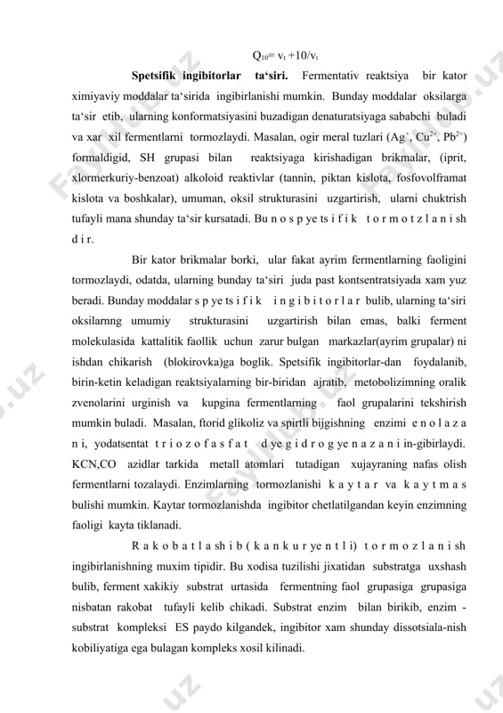 k a y t m a s bulishi mumkin. kaytar tormozlanishda ingibitor chetlatilgandan keyin enzimning faoligi kayta tiklanadi. r a k o b a t l a sh i b ( k a n k u r ye n t l i) t o r m o z l a n i sh ingibirlanishning muxim tipidir. bu xodisa tuzilishi jixatidan substratga uxshash bulib, ferment xakikiy substrat urtasida fermentning faol grupasiga grupasiga nisbatan rakobat tufayli kelib chikadi. substrat enzim bilan birikib, enzim - substrat kompleksi es paydo kilgandek, ingibitor xam shunday dissotsiala-nish kobiliyatiga ega bulagan kompleks xosil kilinadi. e+j el lekin enzimning ingibitor bilan bergan koapleksi oxirgi maxsulo-tlarga parchalanmaydigan enzimning ma‘lum kismini maxkam tutib, uni fermentativ reaktsiya doirasidan chikadi. demak, ingibitor substrat bilan ayni enzimatik faol yuzalar uchun kurashadi, shu sababli xam enzim ta‘sirining tezligi enzim va tormozlovchi modda kontsentratsiyasiga boglik buladi. konkurentli tormozlashga suktsinat kislota va malonat kislotalar bilan suktsenatdegidrogenaza …