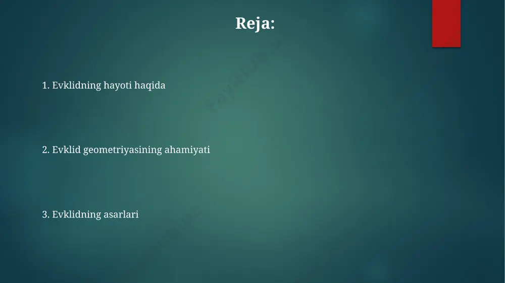 eorema va 23 ta ta'rif mavjud, bu zamonaviy geometriyaning rivojlanishi uchun muhim manba hisoblanadi. evklid geometriyasi zamonaviy geometriyaning 5 postulatiga asoslangan bo'lib, ularning 5-postulati parallel chiziqlar haqidagi gipotezaga bag'ishlangan va ko'plab geometrik teoremalarning isboti uchun asos bo'lgan. zamonaviy geometriya evklid geometriyasining cheklashlarini ko'rsatib berdi, masalan, noevklid geometriyalari (lobachevskiy va riemann geometriyalari) evklidning 5-postulatini rad etadi va 3 o'lchovdan yuqori bo'lgan fazolarni o'rganadi. evklidning hayoti haqida qisqacha ma'lumot uning "elementlar" asari geometriyaning aksiomalari va teoremalarini o'z ichiga olgan bo'lib, evklid geometriyasi deb nomlangan va matematikada fundamental ahamiyatga ega bo'lgan 5 ta postulatga asoslangan. evklidning "elementlar" asaridan tashqari, optikaga, musiqa nazariyasiga va boshqa matematik sohalarga oid yozma asarlari ham mavjud bo'lib, ularning bir qismi bizgacha yetib kelgan. evklid miloddan avvalgi 300-yillarda aleksandriya shahrida yashagan va faoliyat ko'rsatgan buyuk yunon matematikidir, uning “elementlar” asari geometriya sohasidagi 13 kitobdan iborat bo'lib, 2000 yildan ortiq davr mobaynida o'quv qo'llanma sifatida ishlatilgan. evklidning ta'siri uning "elementlar" …
