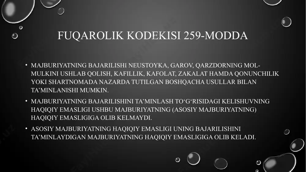 vga qo‘yiladigan huquqning egasi bo‘lgan shaxs huquqni garovga qo‘yuvchi bo‘lishi mumkin. basharti, qonunda yoki shartnomada boshqacha tartib nazarda tutilgan bo‘lmasa, mulkdorning roziligisiz ashyoviy huquqni garovga qo‘yishga yo‘l qo‘yilmaydi. 259/1-modda. kredtorlarning talablarini qarzdorning majburiyatlar bajarilishining ta’minoti sifatida berilgan mol-mulki yoki yer uchastkasini ijaraga olish huquqi hisobidan qanoatlantirish qarzdor tomonidan o‘z majburiyatlari bajarilmagan taqdirda, kreditorning mol-mulk yoki yer uchastkasini ijaraga olish huquqi bilan ta’minlangan majburiyatlar bo‘yicha talablari ushbu mol-mulkning yoki yer uchastkasini ijaraga olish huquqining qiymatidan mazkur mol-mulk yoki yer uchastkasini ijaraga olish huquqi o‘ziga tegishli bo‘lgan shaxsning boshqa kreditorlariga qaraganda imtiyozli ravishda qanoatlantiriladi. kreditorning imtiyozli huquqi, agar shartnomada boshqacha qoida nazarda tutilmagan bo‘lsa, qarzdorning majburiyatlar bajarilishining ta’minoti sifatida berilgan mol-mulkidan foydalanishdan yoki uni realizatsiya qilishdan olingan hosilga, mahsulotga va boshqa daromadlarga nisbatan ham tatbiq etiladi. huquq garovi (yoki garov) — bu biror bir shaxs yoki tashkilot tomonidan qarzni yoki majburiyatni bajarishni ta'minlash maqsadida, u tomonidan qo'yilgan yoki taklif qilingan mol-mulk yoki …