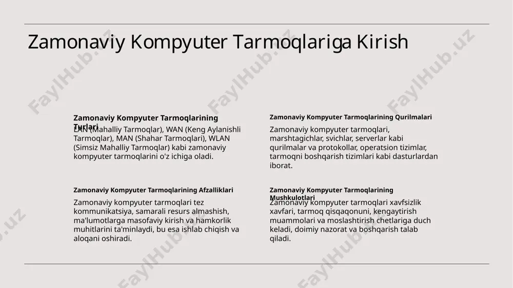 va serverlar, ma'lumotlarni uzatishning fizikaviy va lojikaviy tuzilmasini shakllantiradi. 3 tarmoq protokollari tarmoq protokollari, tcp/ip, ethernet va wi-fi kabi, tarmoq ichidagi axborot almashish va ma'lumot almashish uchun qoidalarni aniqlaydi. zamonaviy kompyuter tarmoqlari turlari mahalliy tarmoq (lan) lanlar, ethernet kabel yoki wi-fi orqali uy, ofis yoki maktab kabi chegaralanishli hududdagi qurilmalarni bog'lash uchun ishlatiladi. keng chegarali tarmoq (wan) wanlar katta geografik hududni qamrab, uzoq masofali kommunikatsiya uchun odatiy chizilmalar, sputniklar yoki fiber optika orqali ko'p tarmoqlarni bog'laydi. noyob tarmoq noyob tarmoqlar qurilmalarni bog'lash uchun radio to'lqinlardan foydalanadi, bu esa fizikaviy kabelga muhtoj emas, hamda harakatlanish va moslashuv imkoniyatini beradi. zamonaviy kompyuter tarmoqlarida tarmoq xavfsizligi shifrlash va ma'lumotlarni himoya qilish zamonaviy kompyuter tarmoqlari, aes va rsa kabi so'nggi shifrlash algoritmlaridan foydalanib, ma'lumotlarni uzatish va saqlashni himoya qilish uchun ishlatiladi. xarajatni aniqlash va oldini olish zamonaviy kompyuter tarmoqlarida tarmoq xavfsizligi, tashqi kirishlarni aniqlash va oldini olish tizimlarini amalga oshirishni talab qiladi, bunday tizimlar …