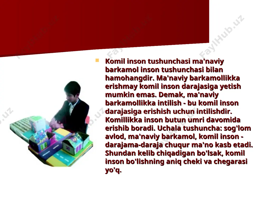 orzusidagi qaxramon farxod obrazidir. ularday axloqan va jismonan barkamollikka erishgan shaxslar oybеkning “navoiy” romanida esa navoiy obrazidir. ayni paytda u rеal tarixiy shaxs, ijodkor komil insondir. uyg’onish davri sharq mutafakkirlari o’zlarining ta'lim va tarbiya to’grisidagi asarlarida barkamol shaxsni shaklantirish muammosini еr yuzida insonning baxtga erishuvi uchun shart-sharoitlar yaratish to’g’risidagi g’oyalar bilan bog’liqligiga qaratganlar. pеdagogika tarixida al- farobiyning fozil inson sifatlari, bilimlarni olish yo’llari va uslublari haqidagi konsеpsiyasi; al-bеruniyning kasbiy bilimlarni egallash uslublari haqidagi qarashlari; ibn sinoning aqliy, ma'naviy hamda jismoniy komillikka erishish haqidagi ta'limoti; al- xorazmiyning ilmiy bilimlar, xayotiy muammolarni hal qilish yo’llari to’g’risidagi asarlari o’zining alohida o’rniga ega. o’z o’rnida shuni ham qayd etish kerakki, olimlarimiz shaxs sifatlarini shaklantirishda olingan bilim natijasida hosil bo’lgan ko’nikmalarga e’tiborni qaratadi. ayni vaqtda shuni etirof etishimiz lozimki, ular bilim olish orqali bolalarda ilodkorlik, bunyodkorlik sifatlarining hosil bo’lishini nazarda tutmoqda. jumladan, al-xorazmiy shaxs sifatlarini shaklantirish va shaxslararo munosabatlarni rivojlantirishda fanning yuksak o’rnini qayd etadi. …