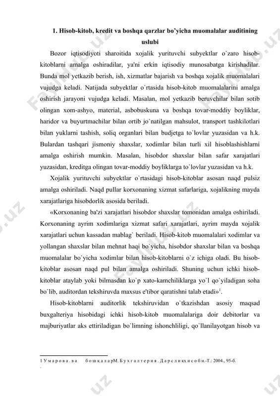 ar bo`yicha xodimlar bilan hisob-kitoblarni o`z ichiga oladi. bu hisob-kitoblar asosan naqd pul bilan amalga oshiriladi. shuning uchun ichki hisob-kitoblar ataylab yoki bilmasdan ko`p xato-kamchiliklarga yo`l qo`yiladigan soha bo`lib, auditordan tekshiruvda maxsus e'tibor qaratishni talab etadi» . hisob-kitoblarni auditorlik tekshiruvidan o`tkazishdan asosiy maqsad buxgalteriya hisobidagi ichki hisob-kitob muomalalariga doir debitorlar va majburiyatlar aks ettiriladigan bo`limning ishonchliligi, qo`llanilayotgan hisob va soliqqa tortish uslubiyotining amaldagi me'yoriy hujjatlarga muvofiqligi to`g`risida fikr shakllantirib, quyidagilarni aniqlashdan iborat: · to`liqligi - barcha muomalalarning buxgalteriya hisobotida aks ettirilganligi,hisobga olinmay qolgan hisob-kitoblar yuqligi; · mavjudlik - balans tuzish sanasiga ichki hisob-kitoblar (mehnat haqi, hisobdorsummalar va boshqalar) bo`yicha majburiyatlar mavjudligi; · majburiyatlar - ichki hisob-kitoblarga doir majburiyatlar summalari qonuniyligiva to`g`riligi; · baholashlar - ichki hisob-kitoblarga doir majburiyatlarning me'yoriy hujjatlargamuvofiq ravishda baholanganligi; · aniqligi - mehnat haqi va undan ushlanadigan summalar, xizmat safari bo`yichasutkalik xarajatlar summasi va boshqalarning to`g`ri hisoblanganligi, buxgalteriya hisobi ma'lumotlarining sintetik va analitik hisob registrlaridagi ma'lumotlarga mosligi; …