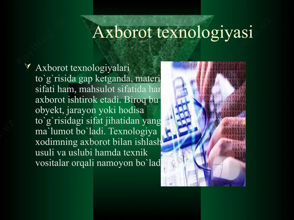 xborot texnologiyalari ishini tashkil qilish va boshqarishni amalga oshiradi. jamiyatimizda axborotlarni uzatish, kabul kilish, xamda axborotlarni tarkatish uchun turli xil kurilmalar kullaniladi. bu kurilmalarga xisoblash texnikasi, telegraf, gramyozuv, magnitafon yozuvi, televideniye va radioni misol kilib olishimiz mumkin. bu kurilmalarda axborotlarni saklashda va uzatishda ma’lum bir kurinishidagi signallar yordamida amalga oshiriladi. bu signallar uzluksiz va diskret signallarga bulinadi. radio va televideniyedagi, xamda gramyozuvdagi, magnitafon yozuvidagi kullaniladigan signallarning grafik kurinishi uzluksiz kiyshik chizik xolatida uzgaruvchan shaklda bulib, bunday signallarni uzluksiz yoki anolog signallar deyiladi. bunga karama-karshi telegraf va va xisoblash texnikasidagi signallar impuls shaklida buladi va bunday signallarni diskret yoki rakamli signal deyiladi. biz xar bir texnikalaridan, ularda kanday signal kullanishidan kat’iy nazar imkoniyat darajasida foydalanishni istaymiz. informatika soxasida ishlayotgan xodimlar xech bulmaganda axborot vositalarida bir turdagi signalni kullanilishini istaydilar. shuning uchun sifatli bir shakldagi, uzluksiz yoki diskret signal kurilmalarini tanlash va yaratish muammosi payda buldi. uzluksiz va diskret signallarni uzaro takkoslash …