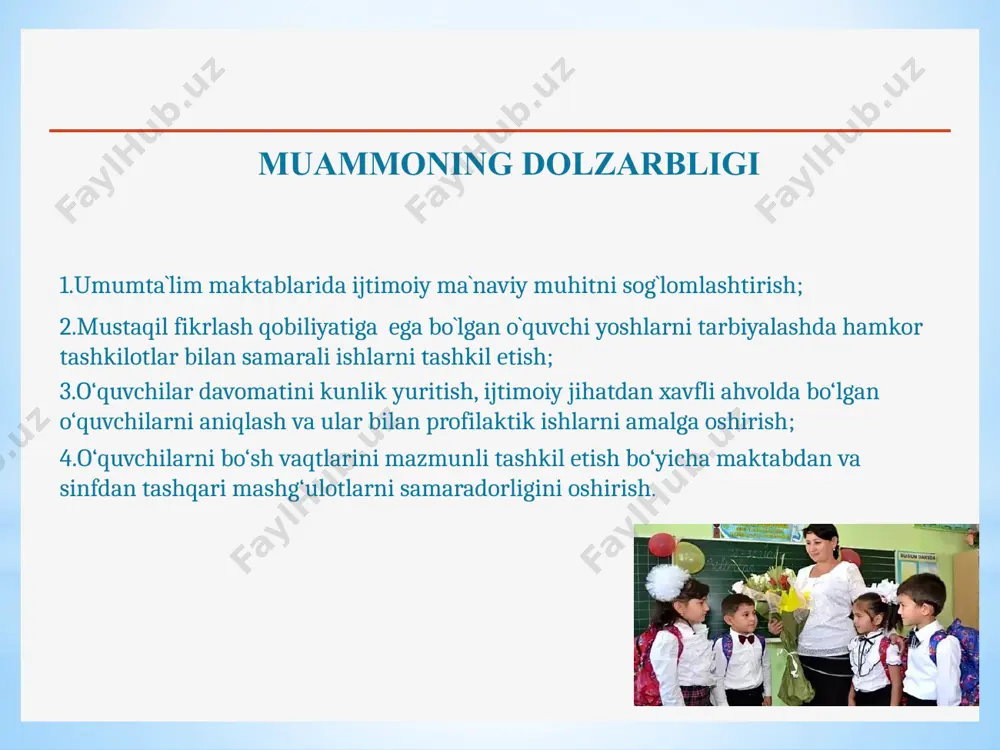 ralashadi. agar ta’lim intizomi buzilgan bo‘lsa, maktab ma’muriyati politsiyaga xabar beradi. oyiga 3 kundan ortiq sababsiz dars qoldirgan o‘quvchilarning ota-onalariga 1000-2500 yevro jarima solinadi. maktabda ko‘p dars qoldiradigan o‘quvchilarning ota-onalari yoki qonuniy vakillari o‘rtasida “farzandim taqdiriga befarq emasman” shiori ostida tadbirlar o‘tkazish. 3 maktab darsllariga sababsiz qatnashmayotgan o‘quvchilarning ota-onalariga ogohlantirish xatlari yuborilmoqda, unda ota-onalar farzandlarining ta’lim olishida javobgar ekani eslatilgan. fransiyada: agar o‘quvchi oyda to‘rt martadan ko‘p dars qoldirsa 150 dollargacha jarima solinishi mumkin. agar o‘qishni qoldirish bolaning ta’limiga ta’sir qilayotgan bo‘lsa, ota-onalar 2 yillik qamoq jazosi va 33 ming dollardan ortiq miqdorda jarimaga tortiladi. muntazam va surunkali dars qoldiradigan o‘quvchilar o‘rtasida so‘rovnoma o‘tkazib, har bir o‘quvchini qiziqishiga ko‘ra fan, sport va ijodiy to‘garaklarga jalb etish, ommaviy sport musobaqalarida faol ishtirokini ta’minlash orqali ijobiy natijaga erishiladi. qiyosiy tahlil xulosa 1.o‘quvchilarning sifatli ta’lim olishlarini yanada takomillashtirish uchun kelgusi ish faoliyatimda mavzu yuzasidan o‘rgangan nazariy bilimlarim, tadqiq qilgan materiallarimdagi yangiliklar hamda bu …