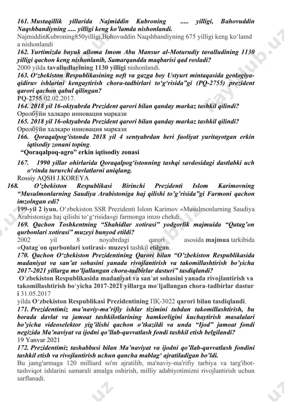 tirok etgan o’zbek sportchilari egallagan medallarning qanchasi oltin medal edi? 11 та олтин 157. qachon xalqaro olimpiya qo'mitasining 101-sessiyasida o'zbekiston respublikasi milliy olimpiya qo'mitasi to'la-to'kis tan olindi? 1993 yil sentabr oyida xalqaro olimpiya qo‘mitasining 101-sessiyasida rasman tan olingan. 158. qachon vazirlar mahkamasining bolalar sportini rivojlantirish borasidagi qaror qabul qilindi? vazirlar mahkamasining. qarori. 19.03.2009 y. 159. 2016-yil o’zbekiston qaysi soha sportchilari rio-de-janeyrodagi olimpiya o’yinlarida umumjamoa hisobida jahonda eng rivojlangan aqsh, kuba, rossiya kabi davlatlarni ortda qoldirib birinchi o’rinni egalladilar? ha faqat boks bo’yicha 160. o’zbekiston respublikasi prezidenti shavkat mirziyoevning “jismoniy tarbiya va ommaviy sportni yanada rivojlantirish chora-tadbirlari to’g’risida”gi qarori qachon e’lon qilindi? o‘zbekiston respublikasi prezidentining qarori, 03.06.2017 yildagi pq-3031-son. 161. mustaqillik yillarida najmiddin kubroning ..... yilligi, bahovuddin naqshbandiyning ..... yilligi keng ko’lamda nishonlandi. najmiddinkubroning850yilligi,bohovuddin naqshbandiyning 675 yilligi keng ko‘lamda nishonlandi 162. yurtimizda buyuk alloma imom abu mansur al-moturudiy tavalludining 1130 yilligi qachon keng nishonlanib, samarqandda maqbarisi qad rosladi? 2000 yilda tavalludlarining …