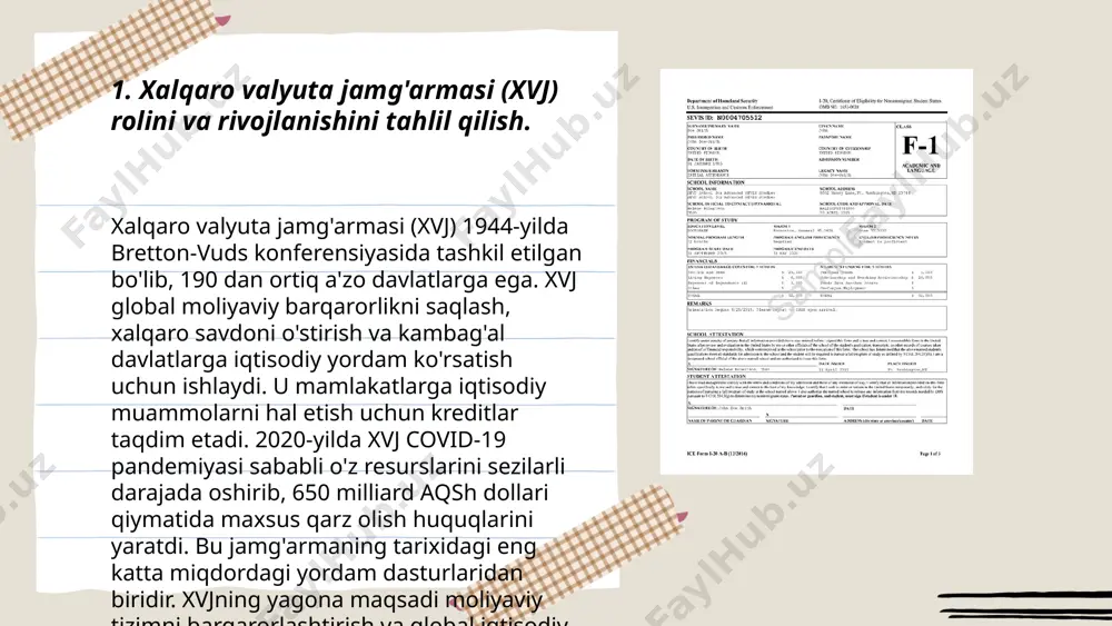 shini ta’minlaydi. itb umumiy kapitali qariyb 30 milliard aqsh dollariga teng bo‘lib, bu fonlardan a’zo davlatlar tarafidan turli loyihalarni moliyalashtirishga foydalaniladi. itb, shuningdek, yirik moliyaviy dasturlar va moliyaviy texnologiyalarni tatbiq etishga ham e’tibor qaratadi. ... t.me/slaydai_bot xalqaro moliya korporatsiyasi (ifc) dunyo bo'ylab investitsiya loyihalarini qo'llab-quvvatlaydi. 2022-yilda ifc tomonidan moliyalashtirilgan loyihalar umumiy qiymati 32,8 milliard dollarni tashkil etdi. ushbu mablag‘lar rivojlanayotgan bozorlar iqtisodiyotini mustahkamlashga qaratilgan. turli sektorlar, jumladan infratuzilma (9,7 milliard dollar), qishloq xo‘jaligi (4,2 milliard dollar) va texnologiya (3,5 milliard dollar) sohalariga sarmoya kiritildi. loyiha portfeli orqali ifc 172 million odamga yangi ish o‘rinlarini yaratishga yordam berdi. shuningdek, kompaniya 75 dan ortiq mamlakatda 300 dan ortiq loyihani qo'llab-quvvatladi. bu raqamlar ifcning rivojlanayotgan mamlakatlardagi ijtimoiy va iqtisodiy o'sishga qo'shgan hissasini aks ettiradi. ... t.me/slaydai_bot 7. valyuta savdo tashkilotlarining global moliya tizimiga ta'siri. valyuta savdo tashkilotlari global moliya tizimiga sezilarli ta'sir ko'rsatadi. har kuni jahon bozorlarida taxminan 6,6 trillion aqsh dollari miqdorida …