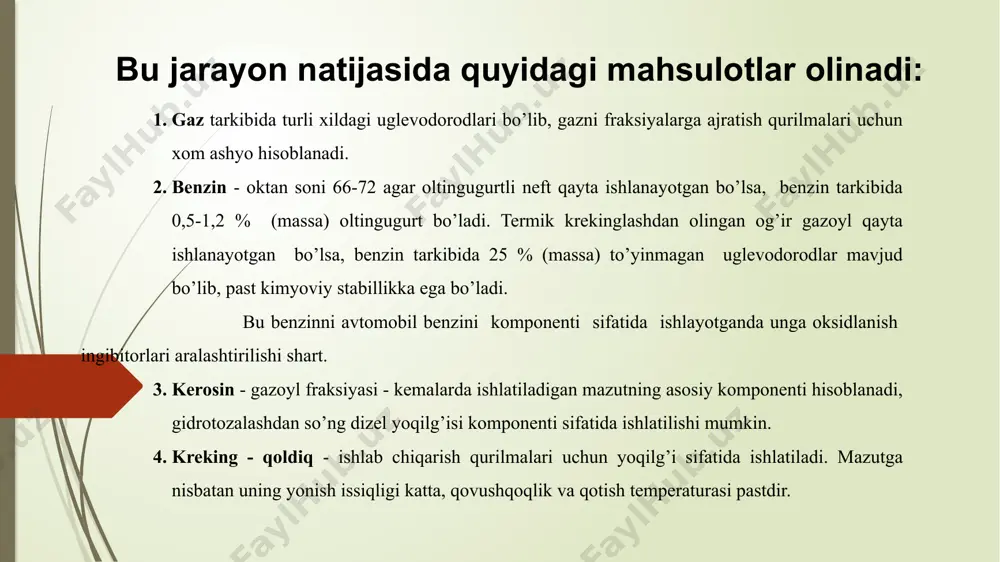 tlari, kerosin va gazoyl fraksiyalari xizmat qiladi. so’nggi yillarda neft va neft qoldiqlari pirolizi bo’yicha tadqiqotlar o’tkazilmokda. jarayon xom ashyoni tanlash bilan piroliz maqsadi aniqlanadi. piroliz mahsulotlar chiqishi xom ashyo sifatiga va qurilma texnologik rejimiga bog’likdir. etanni pirolizida etilenni chiqish miqdori ko’p bo’ladi. xom ashyoni og’irlashishi bilan etilen chiqishi kamayadi va bir vaqtda piroliz smolasi va koks chiqishi ortadi. jarayon temperaturasini oshirish va reakciya vaqtini kamaytirish orqali etilen chiqishi ko’payadi. to’yinmagan uglevodorodlar chiqishini oshirish va koks hosil bo’lishini kamaytirish uchun reaktsion aralashmaga turli qo’shimchalar beriladi, masalan: suv bug’i, vodorod, metan yoki vodorod-metan aralashmasi. pirolizni turli ma`lum variantlari mavjud: qattiq issiqlik tashuvchili, o’ta qizdirilgan suv bug’ida, elektrorazryadli naylarda, kuchlanish yoylarida, katalizatorli tizimda hamda sanoatda keng tarqalgani quvurli pechlarda o’tkaziladigan pirolizdir. zamonaviy piroliz qurilmalarining asosiy mahsulotlari 99,9% (mass.) tozalikdagi etilen, 99,9% (mass.) tozalikdagi propilen, tarkibi 30 – 40% (mass.) butadiendan iborat butan-butadien fraksiyasi, 25 – 30% (mass.) izobutelin va 15 – 30% …