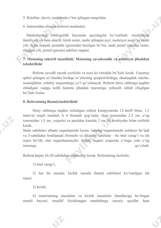 asalalar va kichik masalalar (bandlar)ga bo‘lingan matnli bayoni, muallif foydalangan manbalarga zaruriy qaydlar ham ko‘rsatiladi; 5) xulosa; 6) foydalanilgan adabiyotlar ro‘yxati; 7) jadvallar, diagrammalar, grafiklar, rasmlar, sxemalardan iborat ilovalar. ilovalar ular mazmunini ko‘rsatadigan sarlavhalarga muvofiq tarzda izchillik bilan tikib qo‘yiladi. referat ilmiy rahbar tomonidan referatni baholash bo‘yicha kafedra belgilagan ko‘rsatkichlar va mezonlar asosida baholanadi. referatning baholanishi (baholashning namunaviy ko’rsatkichlari va mezonlari) baholash ko'rsatkichlari baholash mezonlari 1.referat qilingan matnning yangiligi maks.- 20 ball - muammo va mavzuning dolzarbligi; - muammoning qo‘yilishi, tahlil uchun tanlangan muammoning yangi jihatini ifodalashdagi yangilik va mustaqillik; -muallif pozitsiyasining mavjudligi, fikrlarning mustaqilligi. 2. muammo mohiyatini ochib berish darajasi maks.- 30 ball - rejaning referat mavzuiga muvofiqligi; - mazmunning referat mavzui va rejasiga mosligi; muammoning asosiy tushunchalarini ochib berishning to‘liqligi va chuqurligi; -material bilan ishlash usullari va uslublarining asoslanganligi; -adabiyotlar bilan ishlash, materialni bir tizimga solish va tarkiblashtirish mahorati; - ko‘rib chiqilayotgan masala bo‘yicha har xil nuqtai nazarlarni …
