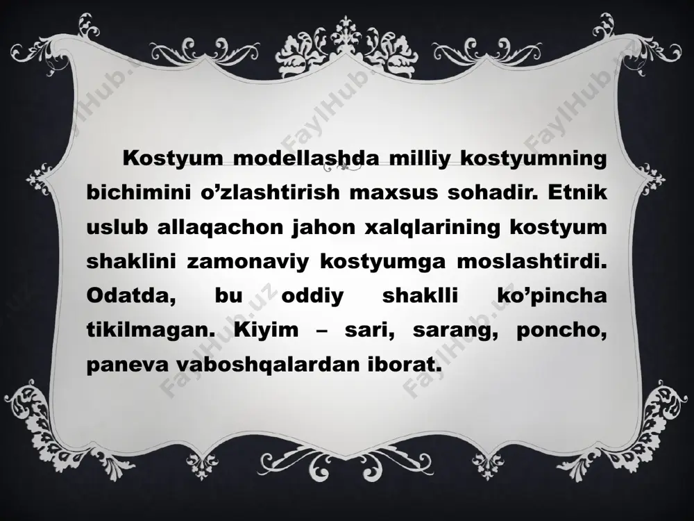 — bu ip gazlamadan qilingan, songa bog'lanadigan bog'ich. fundosining birinchi turining uzunligi taxmi- nan 2,25 m oq matodan qilinardi. uning bir uchi beldan aylantirib bo'g'imga bog'lanardi, ikkinchisi esa oyok ora- sidan o'tkazilib, orkasida belda mahkamlanardi elka ich kiyimi "dzyuban" va "nagadzyuban" deb ata- lardi. dzyuban ip gazlamadan kilinardi, engi esa oq yoki rangli ipakli matodan bo'lishi mumkin edi. uning bichimi tunikasimon bo'lgan. dzyuban ikki bo'lak matodan qilinib, orkasida o'rta chok tikilardi, yon choki eng o'miziga va yon kesimiga joy qoldirib tikilardi; yoqa o'mizi ham qirqilardi; old etagi taxminan 3-4 sm toraytirilardi. eni taxminan 12 sm mato yoqa o'miziga va'oldiga tikilardi va yoqa "eri" va qaytarma old "oku- mi" hosil qilinardi erkaklar ustki kiyimi elka va bel kiyimlaridan iborat edi. elka kiyimiga "kimono" va "xaori" kirardi, bel kiyimiga — "xakama". "kimono" (kiru mono — ustidan kiyiladigan) xvii— xix asrlarda ustki kiyim sifatida keng tarqalgandi. kimono — xalatsimon, uzunligi to'piqqacha tushadigan, etagi …