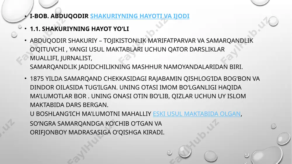oiy-siyosiy oqim – jadidchilik vakillari salmoqli hissa qo‘shdilar. yigirmanchi asrning yetmishinchi yillarining oxirigacha jadidchilik harakati va uning sadriddin ayniydan boshqa yetakchilari so‘qut saqladilar. turkiston jadidlari faoliyatining oʻz davri uchun muhim boʻlgan yana bir sohasi teatr ijodi edi. jadidlar teatrni g‘oyaviy kurashning o‘tkir quroli sifatida darhol baholadilar. 1911-yildan boshlab ular davriy matbuotda muntazam ravishda maqolalar e’lon qilib, teatrning ma’naviy-ma’rifiy ishda naqadar foydali ekanligini isbotladilar. tarixiy jihatdan ma’naviy-axloqiy asoslarni rivojlantirish, an’analar, urf-odatlar, madaniyatni tiklash, dunyoviy bilimlarni targ‘ib etishga ijtimoiy-siyosiy oqim – jadidchilik vakillari salmoqli hissa qo‘shdilar. yigirmanchi asrning yetmishinchi yillarining oxirigacha jadidchilik harakati va uning sadriddin ayniydan boshqa yetakchilari so‘qut saqladilar. oʻzbekiston respublikasi suverenitetini eʼlon qilgandan keyin esa jadid kitoblari nashr etila boshlandi. jadidchilik harakati (arabcha «jadid» — yangi) hozirgi tatariston respublikasi hududida vujudga kelib, oxir-oqibat buxoro, xiva va turkistonga tarqaldi. xix - erta. xx asr. turkiston jadidlariga mahmudxoʻja behbudiy, abduqodir shakuriy, munavvarqori abdurashidxonov, abdulla avloniy va boshqa oʻnlab maʼrifatparvarlar boshchilik qilganlar. …