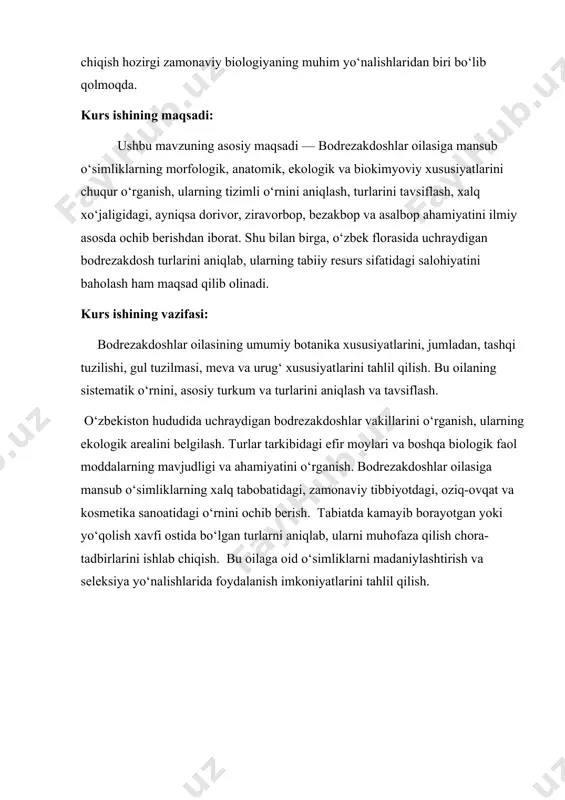 ologik faol moddalarning mavjudligi va ahamiyatini o‘rganish. bodrezakdoshlar oilasiga mansub o‘simliklarning xalq tabobatidagi, zamonaviy tibbiyotdagi, oziq-ovqat va kosmetika sanoatidagi o‘rnini ochib berish. tabiatda kamayib borayotgan yoki yo‘qolish xavfi ostida bo‘lgan turlarni aniqlab, ularni muhofaza qilish chora-tadbirlarini ishlab chiqish. bu oilaga oid o‘simliklarni madaniylashtirish va seleksiya yo‘nalishlarida foydalanish imkoniyatlarini tahlil qilish. i bob. bodrezakdoshlar (lamiaceae) oilasi umumiy tavsif va kelib chiqishi. 1.1.bodrezakdoshlar (lamiaceae) oilasining umumiy tavsifi. bodrezakdoshlar oilasi (lamiaceae yoki labiatae) ikki urug‘pallalilar sinfiga mansub yirik va morfologik jihatdan yaxshi ajralib turuvchi o‘simliklar oilasidir. bu oila tarkibiga hozirda dunyo bo‘yicha 230 dan ortiq turkum va 7000 dan ortiq tur kiradi. bodrezakdoshlar asosan o‘tlar, yarim butalar va butalardan iborat bo‘lib, kamdan-kam hollarda daraxtsimon shakllarga ham ega. ular asosan subtropik va tropik mintaqalarda, ayniqsa o‘rta yer dengizi atrofi, markaziy osiyo, janubiy va janubi-sharqiy osiyo, shimoliy afrika hamda amerikada keng tarqalgan. o‘zbekiston hududida ham bu oilaga mansub ko‘plab turlar uchrab, ular o‘zining dorivor, efir …
