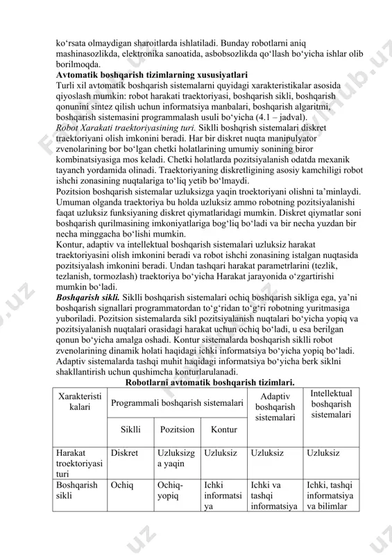shqarish, ishlash sharoitiga qarab programmani adaptiv o‘zgartirib boshqarish va robotni barilgan programma yo‘qligida boshqarish. birinchi avlod robotlari o‘zgarmas programma asosida ishlaydi. bu usul eng soda boshqarish usuli bo‘lib, ayniqsa rostlashning ochiq siklida qulaydir. murakkab hollarda berk boshqarish prinsipi qo‘llaniladi. ikkinchi avlod robotlarida adaptiv boshqarish prinsipi qo‘llaniladi. bunday robotlardi sezuvchan sensor qurilmalari bo‘ladi va ular tashqi muhit o‘zgarishiga moslasha oladi.adaptiv robot uchun tashqi muhit to‘liq aniqlanmagan bo‘ladi. uchinchi avlod robotlarida intellektual boshqarish sistemalari qo‘llaniladi. bunda robotlar tashqi muhitni qabul qila oladi, uning modelini qurishi va ish faoliyatini amalga oshirishi uchun qaror qabul qilishi imkoniyatiga ega bo‘ladi. ular odamga xos bo‘lgan, ayrim murakkab intellektual funksiyalarni bajarishlar mumkin. robotlarning birinchi avlodlari sanoatda yaxshi o‘zlashtirilgan va ular juda ko‘p sonda ishlab chiqariladi. robotlarning ikkinchi va uchunchi avlodlari, hozirgi vaqtda kam yaratilgan va ular qimmat turadi. ular ekstrimal sharoitlarda qo‘llaniladi, ya’ni odam faoliyat ko‘rsata olmaydigan sharoitlarda ishlatiladi. bunday robotlarni aniq mashinasozlikda, elektronika sanoatida, asbobsozlikda qo‘llash …