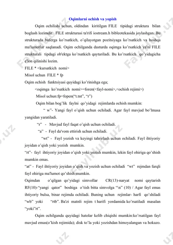 atadi. fayl nomi foydalanuvchidan so’raladi. agar klavishasi bosilsa faylga cr va lf (qiymatlari 13 va 10) konstantalar yoziladi. keyinchalik fayldan simvollarni uqishda bu konstantalar satrlarni ajratishga imkon beradi. #include int main() { file *fp; char c; const char cr=’\015’; const char lf=’\012’; char f name [20]; puts(“fayl nomini kiriting:\n”); gets(f name); if((fp=f open(f name, “w”)) ==null) { perror(f name); return 1; } while ((c=getchar())!=’#’) } if (c==’\n’) { putc(cr,fp); putc(lf,fp); } else putc (c,fp); } fclose (fp); return 0; keyingi programma fayldan simvollarni o’qib ekranga chiqaradi. #include int main() { file *fp; char c; char f name [20]; puts(“fayl nomini kiriting:\n”); if((fp=f open (f name, “r”)) ==null) { perror(f name); return 1; } while ((c=getc(fp))!=eof) putchar(c); f close (fp); return 0; } satrlar yordamida fayllar bilan bog’lanish. matnli fayllar bilan ishlash uchun fget va fputs funktsiyalaridan foydalaniladi. bu funktsiyalari prototiplari iostream.h faylida qo’yidagi ko’rinishga ega: int fputs (const char *s, …