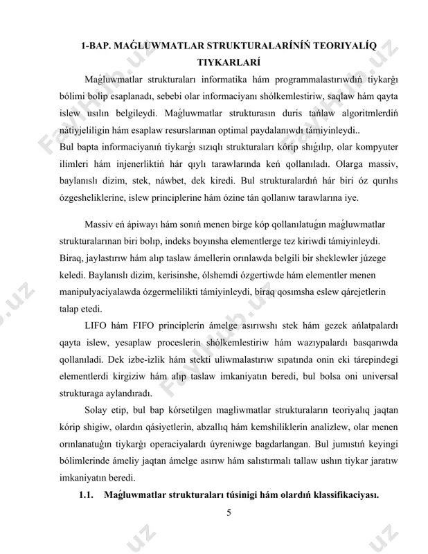 kturalar bar, bul dizimler, stekler hám gezeklerge tán. solay etip, magliwmatlar strukturaların klassifikaciyalaw olardı dúziwge bolgan hár túrli kózqaraslardı sáwlelendiredi hám wazıypanıń sheshiliwi, informaciyanı qayta islewde talap etiletuģın iykemlesiwsheńlik hám nátiyjelilikke qarap optimal variantın tańlaw imkaniyatın beredi. klassifikaciya mánisi. maǵluwmatlar strukturalarınıń klassifikaciyası ol yamasa bul struktura qanday wazıypalardı nátiyjeli sheshe alıwın túsiniw ushın zárúr. máselen, massivler indeks boyınsha elementlerge tez múrájat yetiw imkaniyatın beredi, biraq tez-tez kirgiziw hám alıp taslaw ushın nátiyjeli yemes. kerisinshe, baylanısqan dizimler ólshemin ózgertiwde kóbirek iykemlesedi, biraq elementke kiriw ushın izbe-iz aylanıwdı talap etedi. solay yetip, maǵluwmatlar strukturası algoritmler hám programmalıq sheshimlerdi optimallastiriwdiń tiykarǵı quralları sıpatında xızmet yetedi. olardıń klassifikaciyasın hám qollanılıw ózgesheliklerin biliw islep shıǵıwshıǵa anıq wazıypaǵa baylanıslı málimlemeni saqlawdıń eń qolaylı usılın durıs tańlaw imkaniyatın beredi. 1.2. massiv (array). massiv programmalastırıwda qollanılatuǵın maǵluwmatlardıń yeń ápiwayı hám tiykarǵı strukturalarınan biri yesaplanadi. ol yadtıń qonsilas yacheykalarına jaylastırılgan bir túrdegi elementlerdiń tártiplesken jıyındısınan ibarat. massivtiń hárbir elementi …